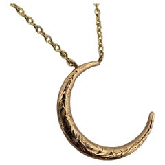 Vintage Engraved Crescent Moon Brooch Conversion Necklace