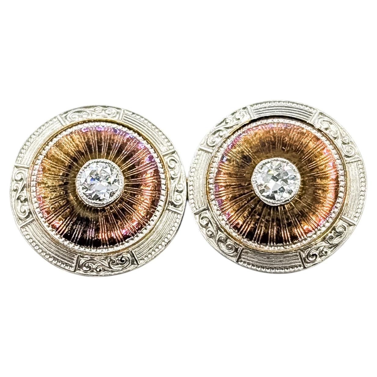 Vintage Engraved Diamond Cufflinks in 14k Two-Tone Gold