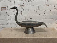 Vintage Engraved Metal Crane Form Bowl on Pedestal Base with Red Glass Eyes