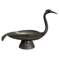 Vintage Engraved Metal Crane Form Bowl on Pedestal Base with Red Glass Eyes