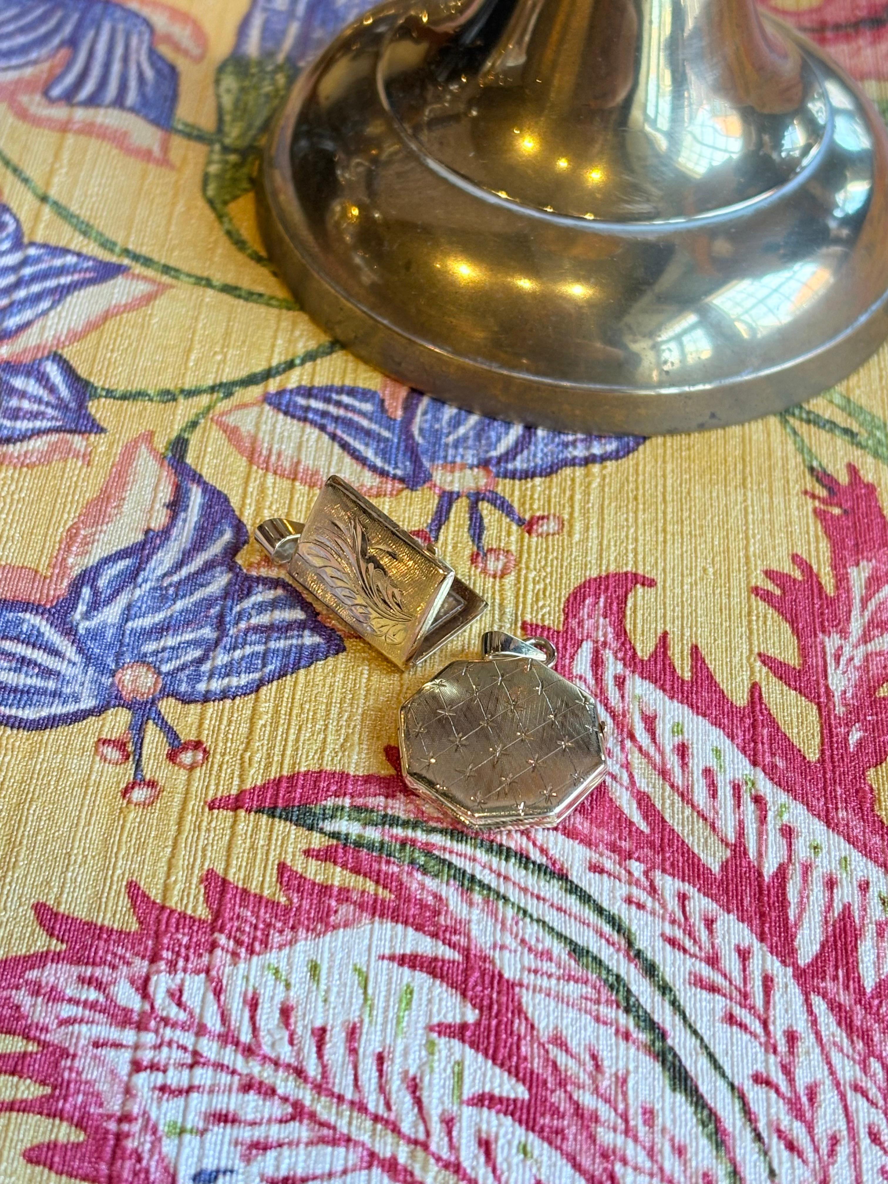 Vintage Engraved Octagonal 14 Karat Yellow Gold Locket, Star Jewelry For Sale 1