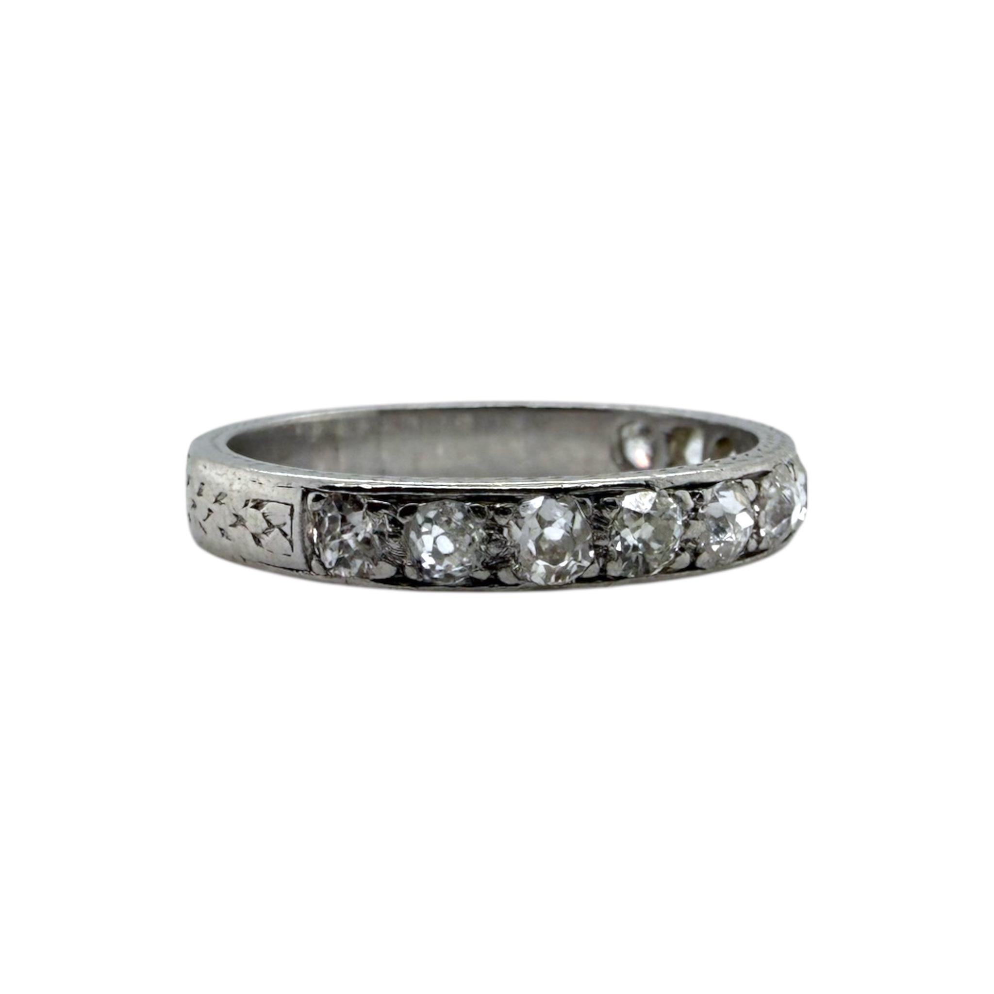 Old Mine Cut Vintage Engraved Platinum Diamond Wedding Band Size 6 For Sale