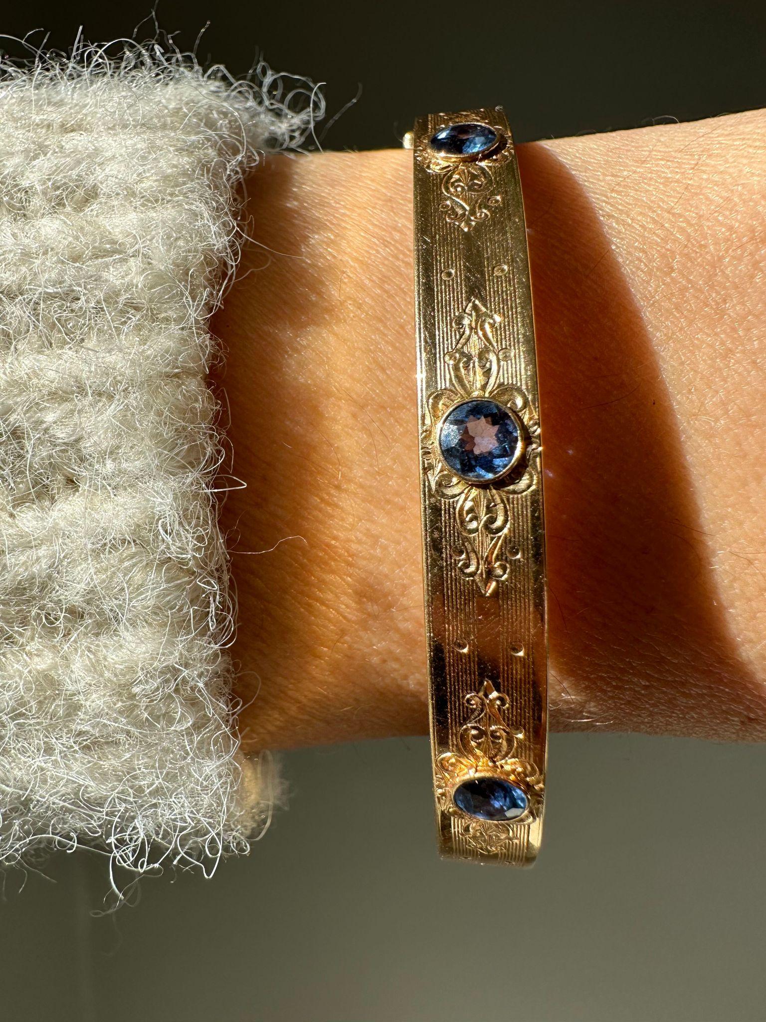 Brilliant Cut Edwardian 14K Sloan & Company Engraved Sapphire Bangle, Dated, 1914 For Sale