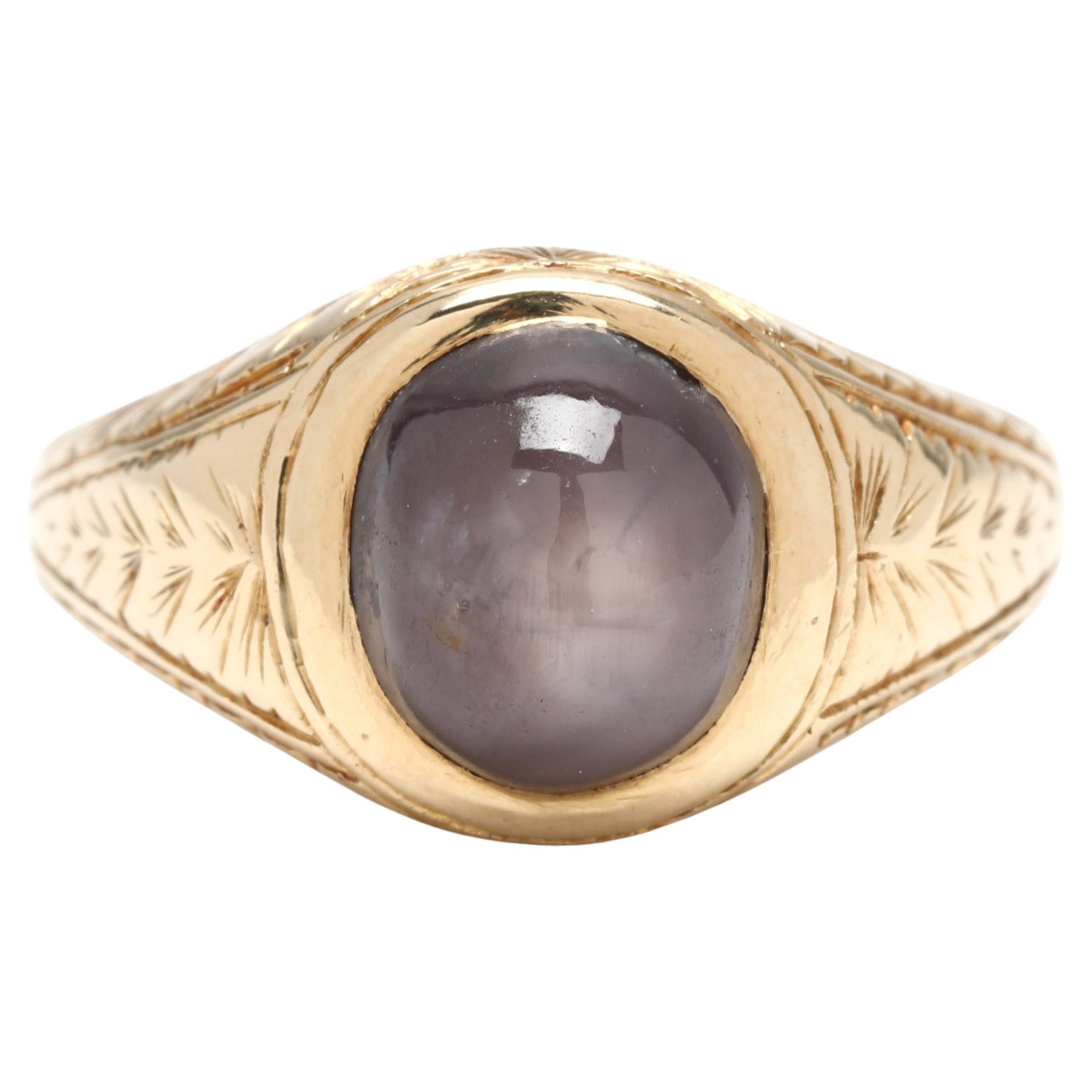 Vintage Bague saphir étoilé gravé, or jaune 14k, taille de bague 3.5, Art Deco