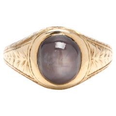 Anello vintage con zaffiro a stella inciso, oro giallo 14k, misura 3,5, Art of Vintage