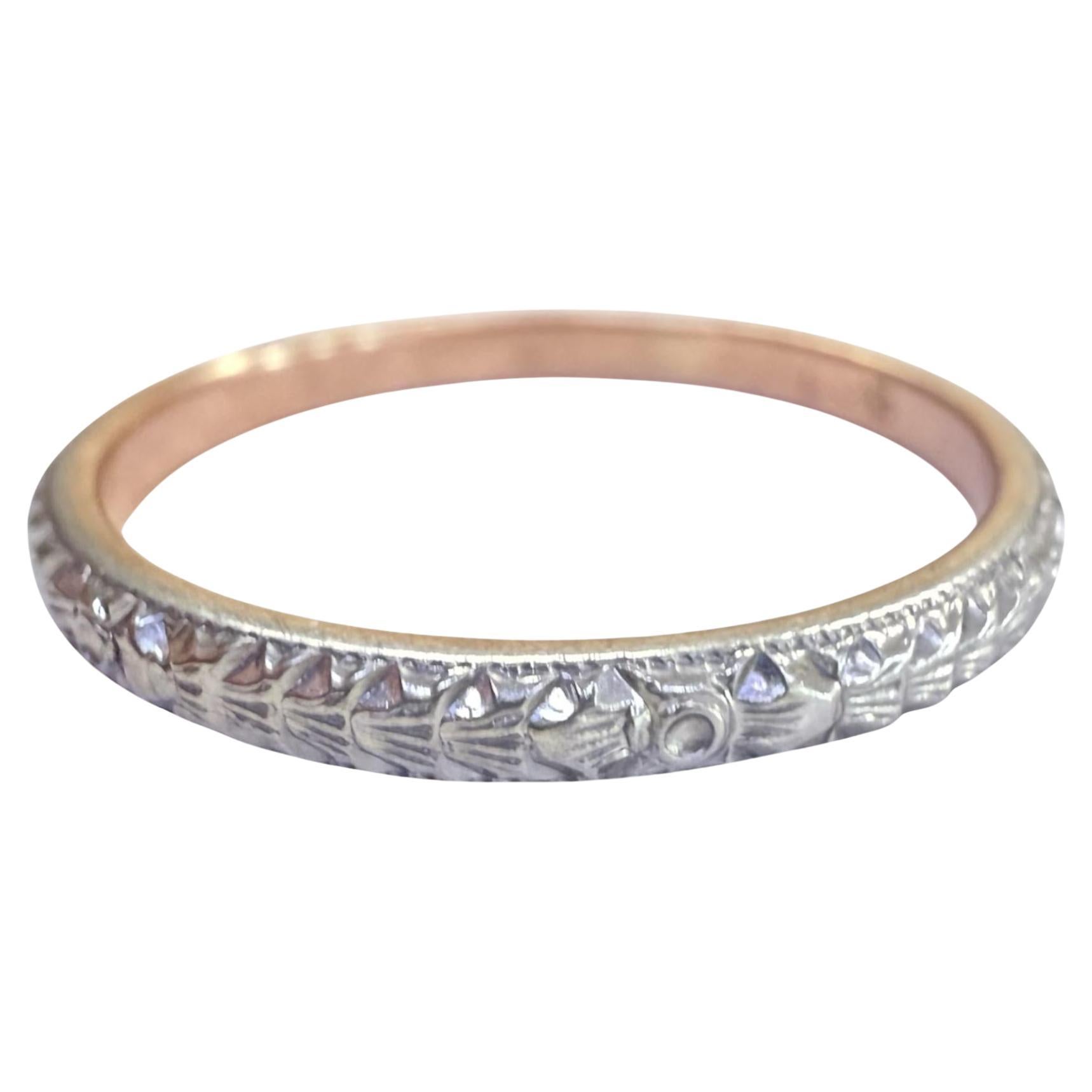 Vintage eingraviert Hochzeit Band 14K Weiß & Gelbgold Größe 9 im Angebot