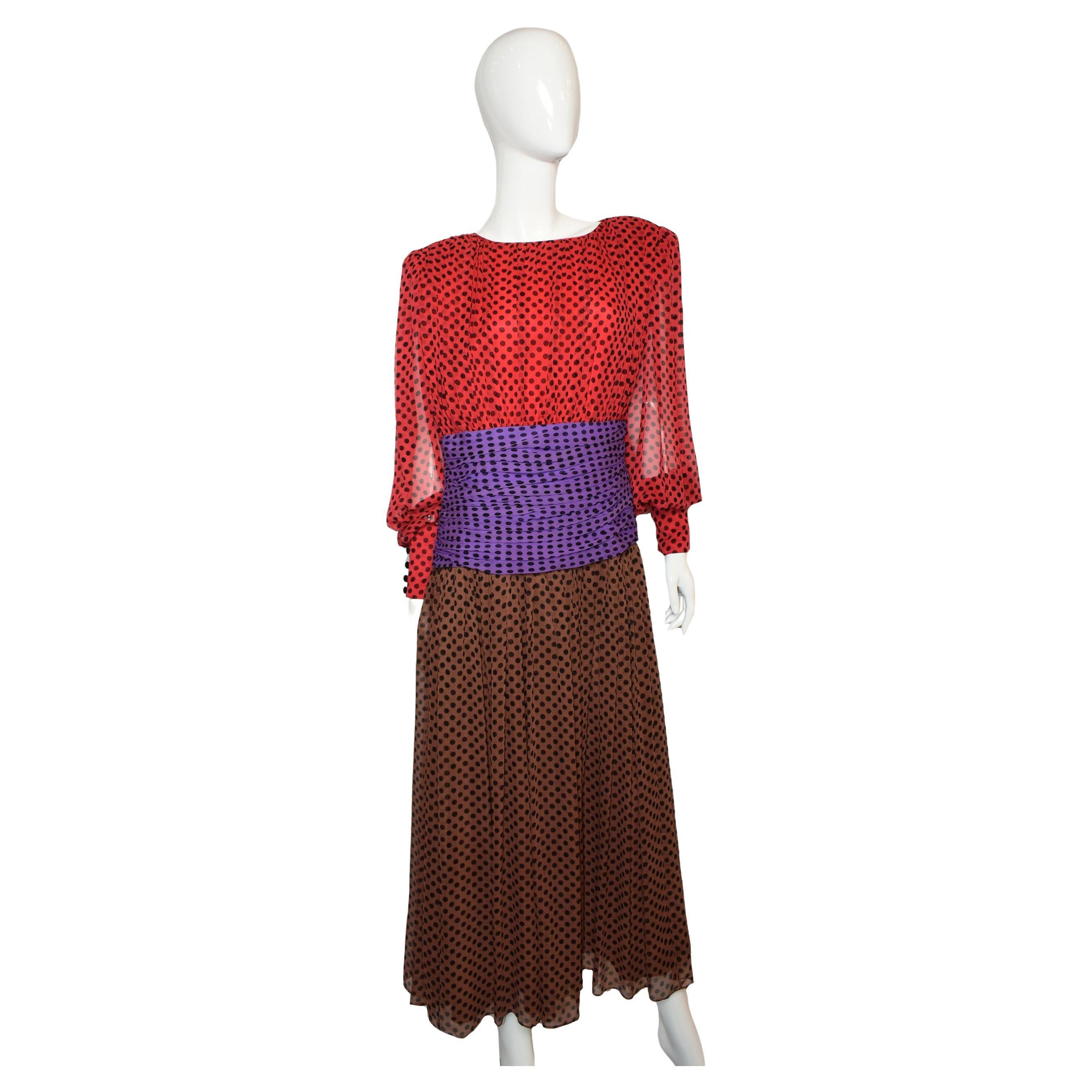 Vintage Enrico Gelini Silk Polka Dot Dress, 1980s For Sale