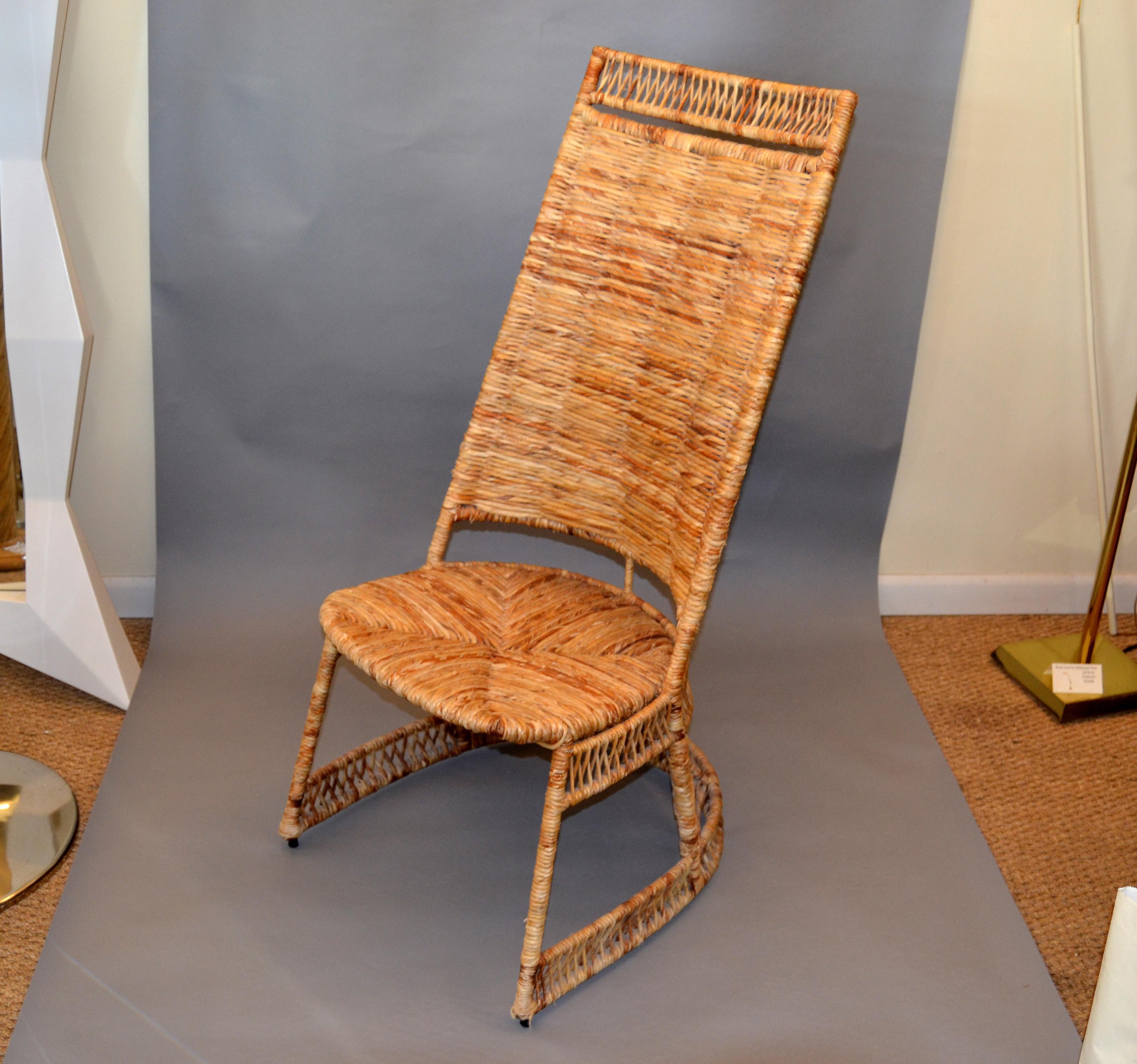 Mid-Century Modern Vintage Entirely Handwoven Sculptural Cane and Rattan Side Chair with Rush Seat