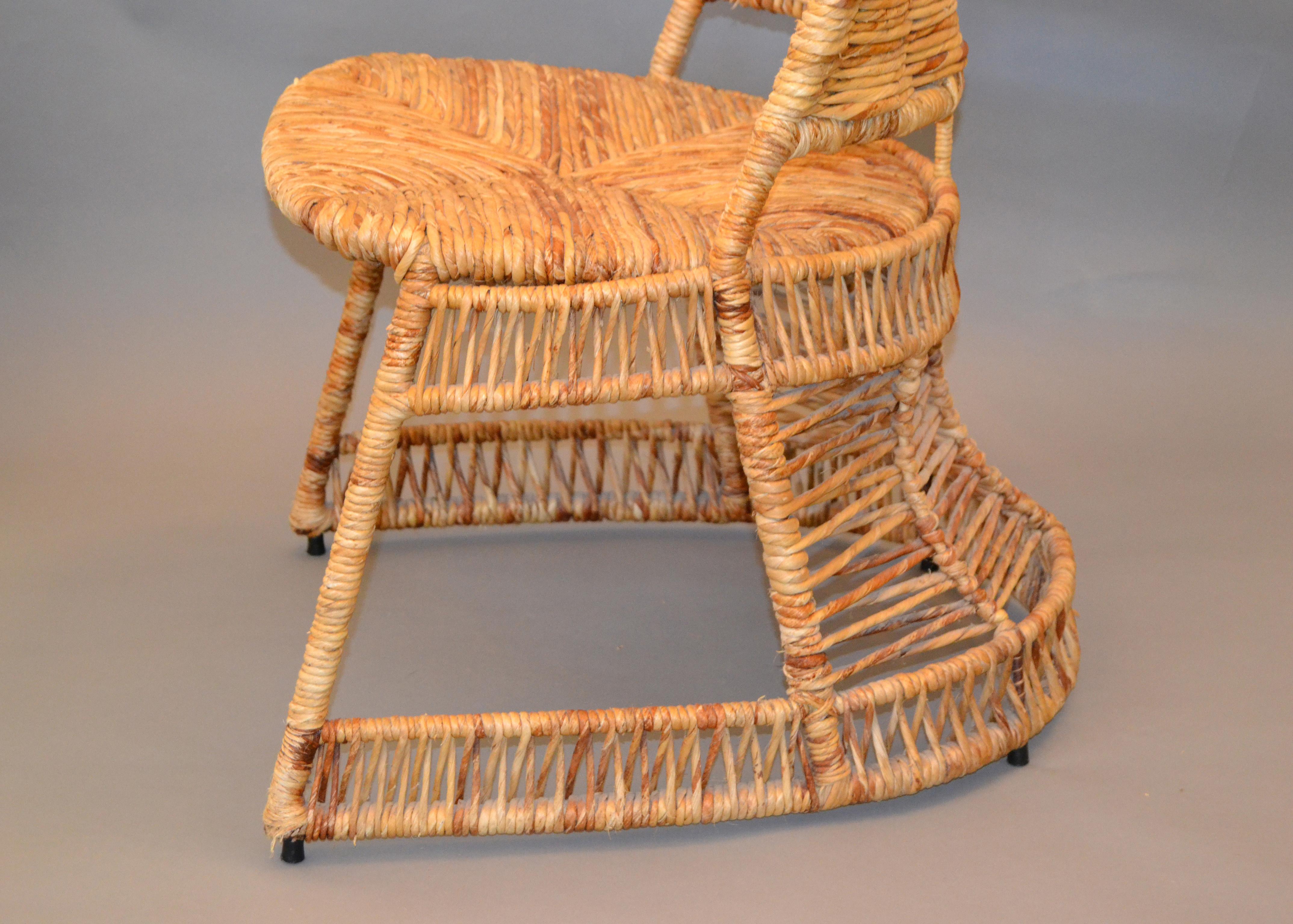 Vintage Entirely Handwoven Sculptural Cane and Rattan Side Chair with Rush Seat In Good Condition In Miami, FL