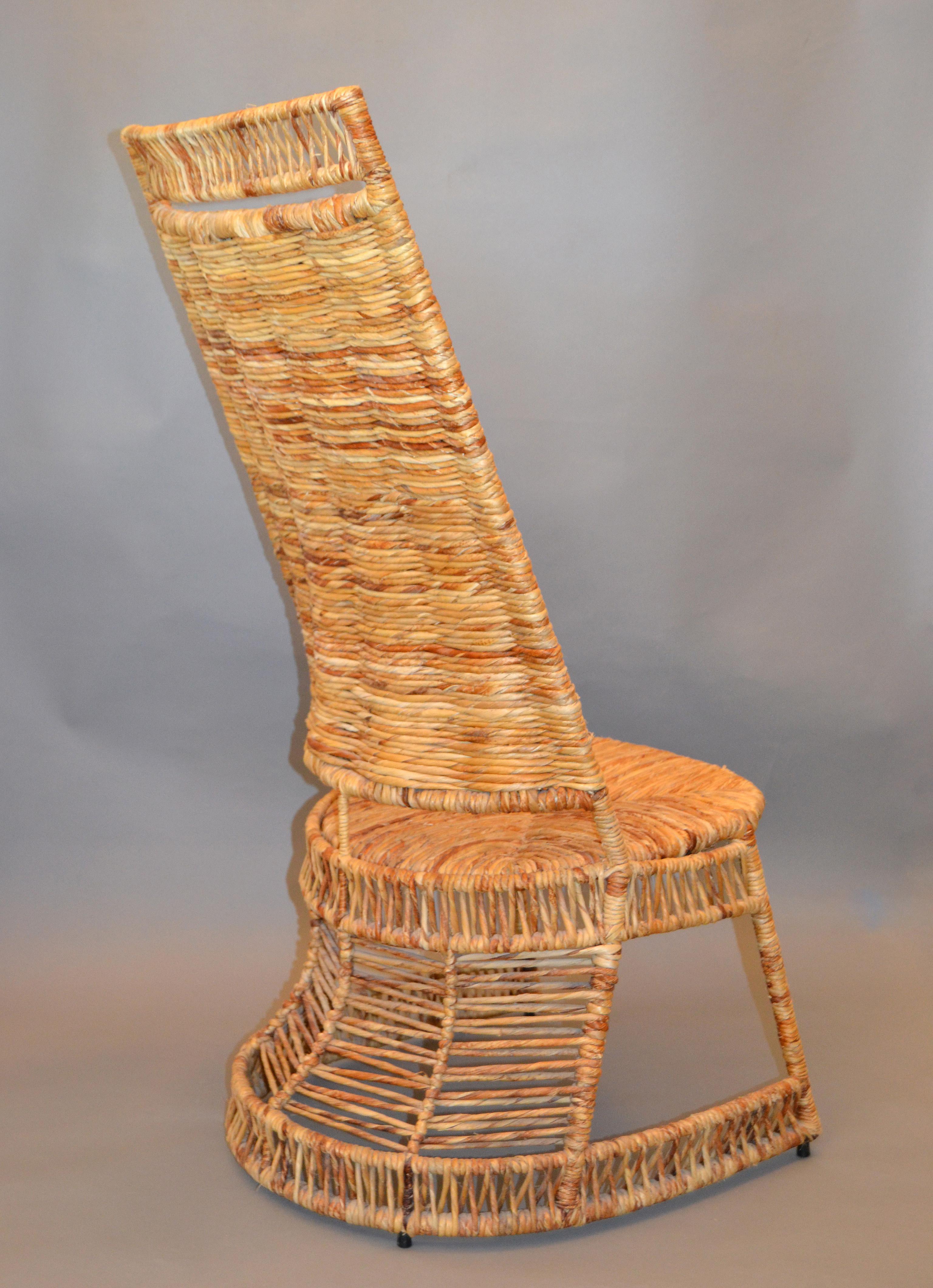 Metal Vintage Entirely Handwoven Sculptural Cane and Rattan Side Chair with Rush Seat