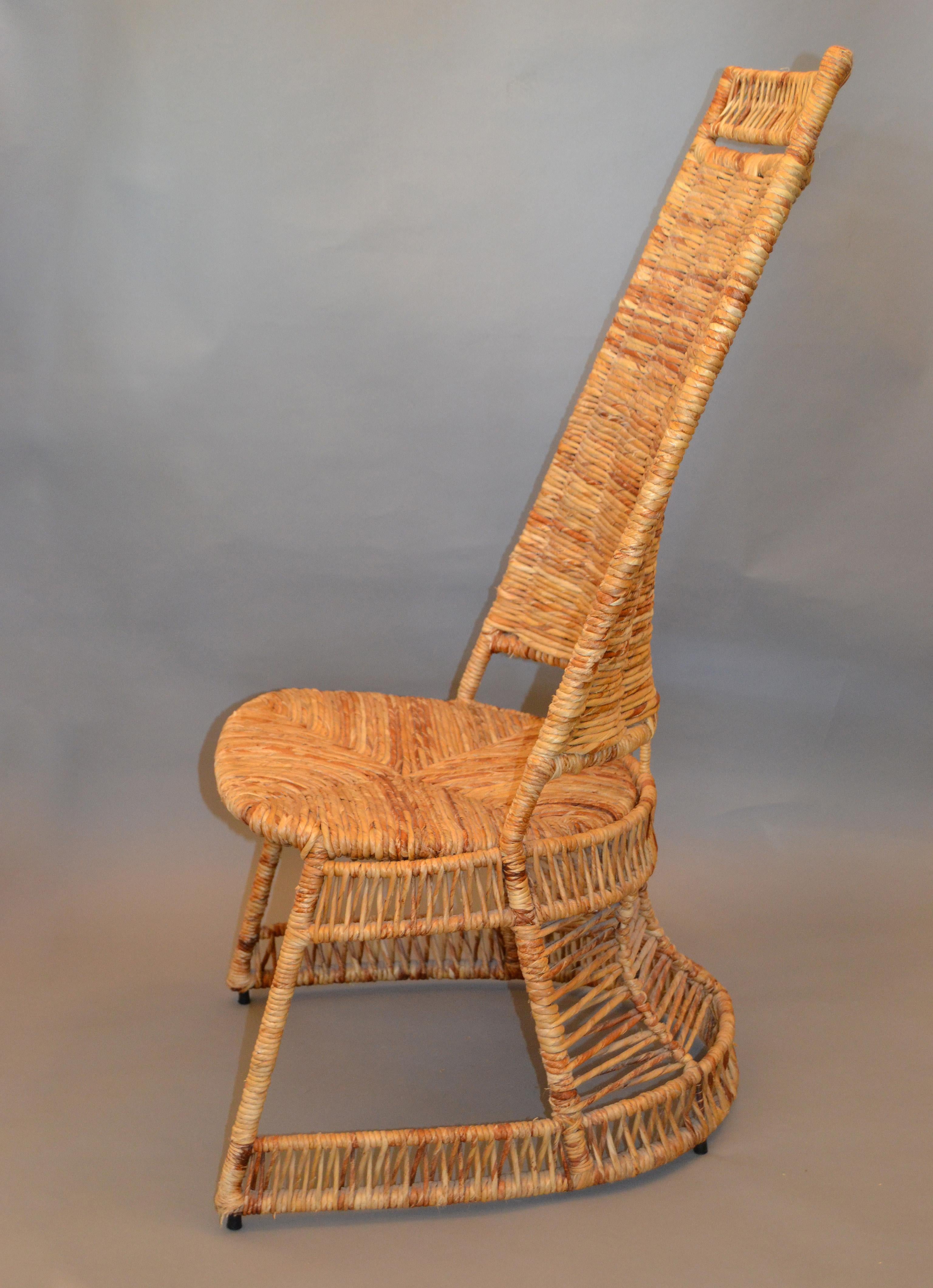 Vintage Entirely Handwoven Sculptural Cane and Rattan Side Chair with Rush Seat 1