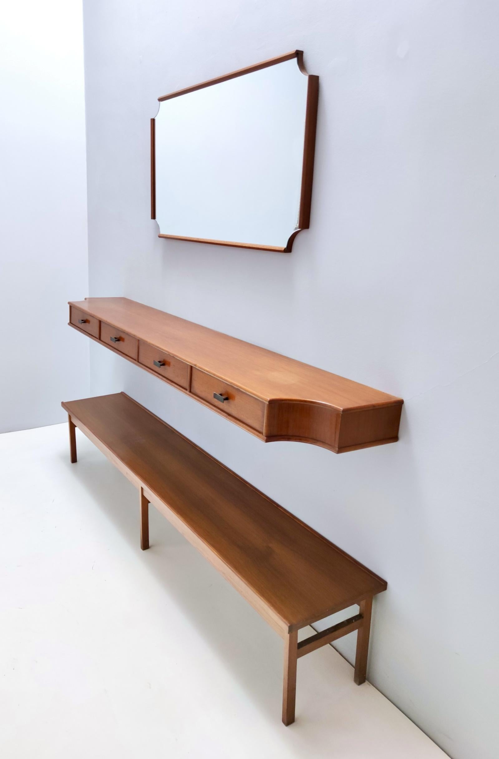 Mid-Century Modern Vintage Entryway Set of Wall Mirror, Walnut Console and Bench by Brugnoli, Italy For Sale