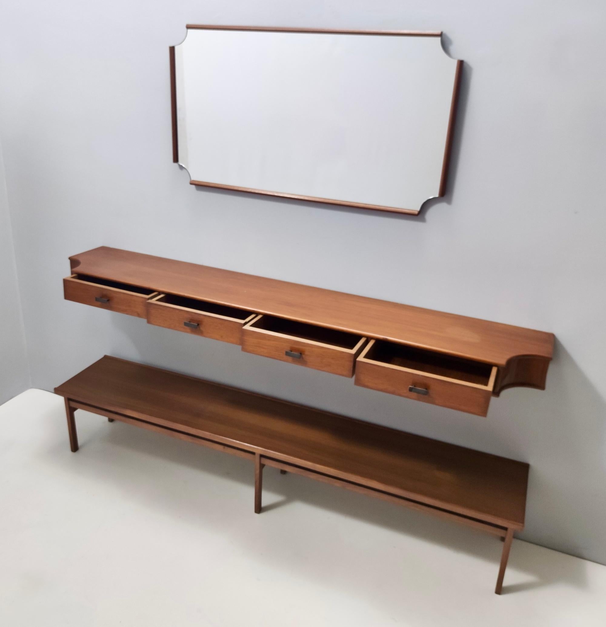 European Vintage Entryway Set of Wall Mirror, Walnut Console and Bench by Brugnoli, Italy For Sale