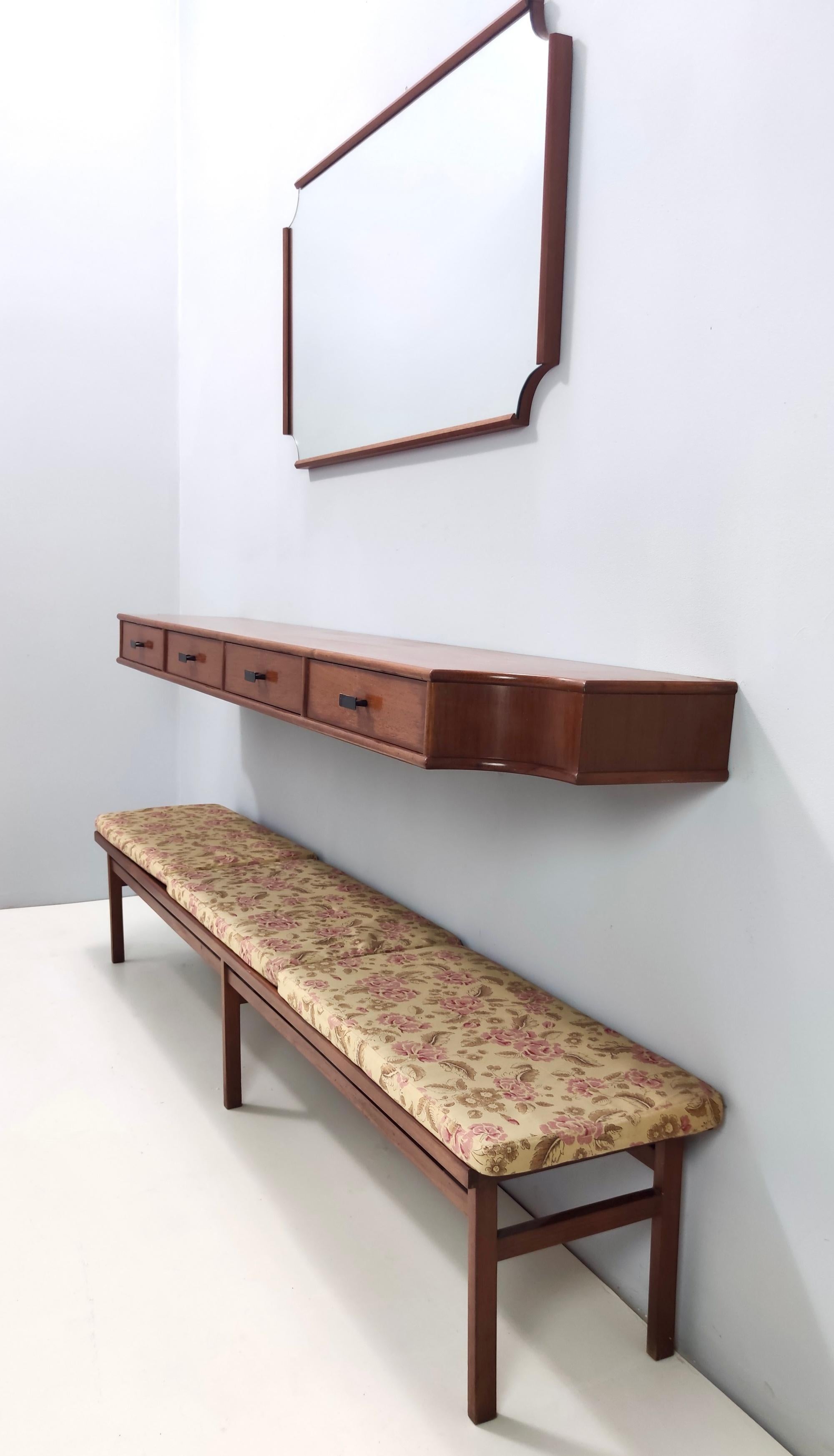 Mid-20th Century Vintage Entryway Set of Wall Mirror, Walnut Console and Bench by Brugnoli, Italy