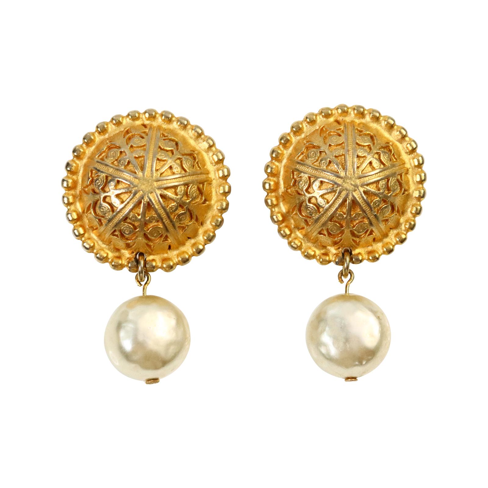 Vintage EP Gold Byzantine with Faux Dangling Pearl Earrings Circa 1980s.  These are earrings that can go from day to night or jazz up your white shirt and black pants scenario.  They are matte and rounded with a 3d look so there is something going