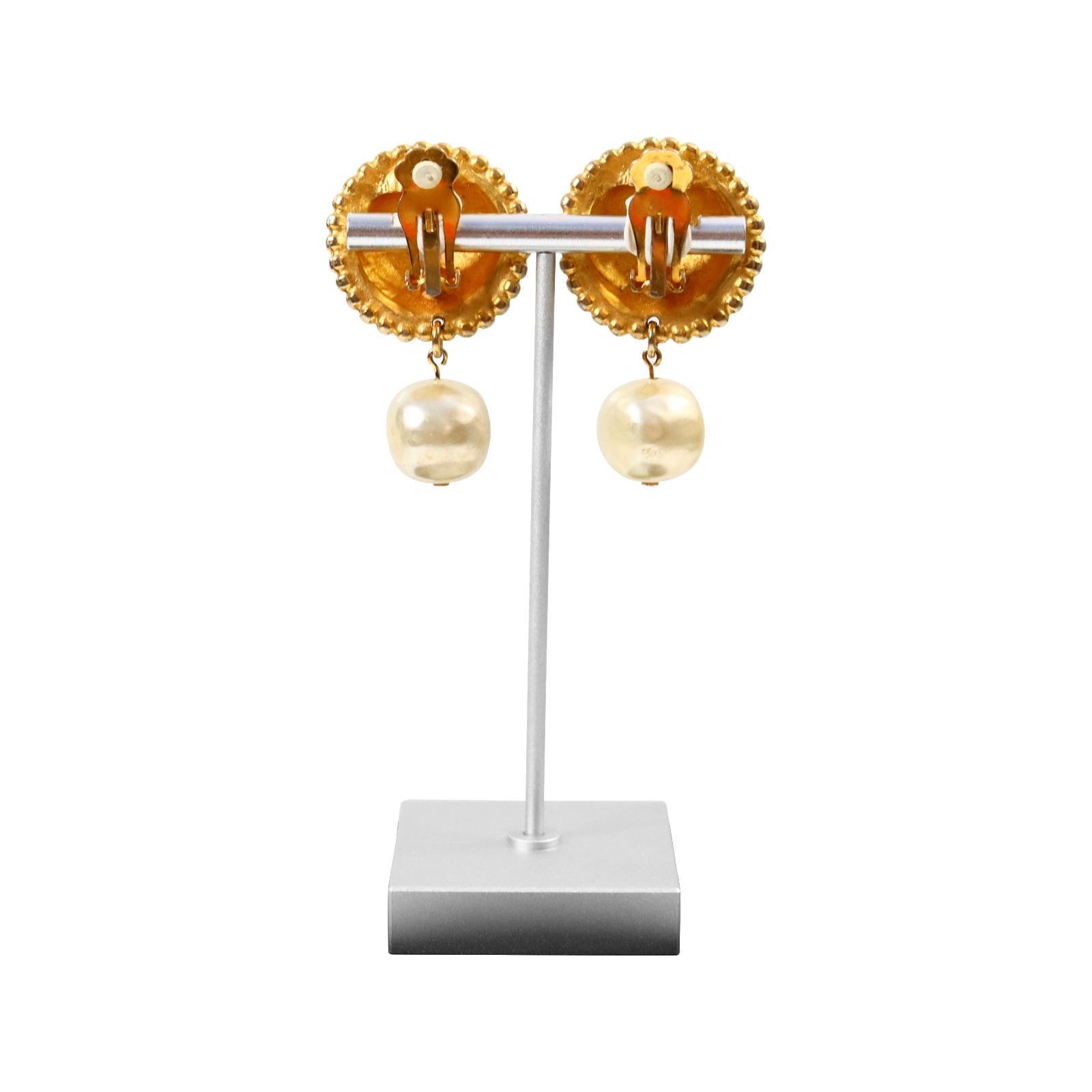 Modern Vintage EP Gold Byzantine with Faux Dangling Pearl Earrings Circa 1980s For Sale