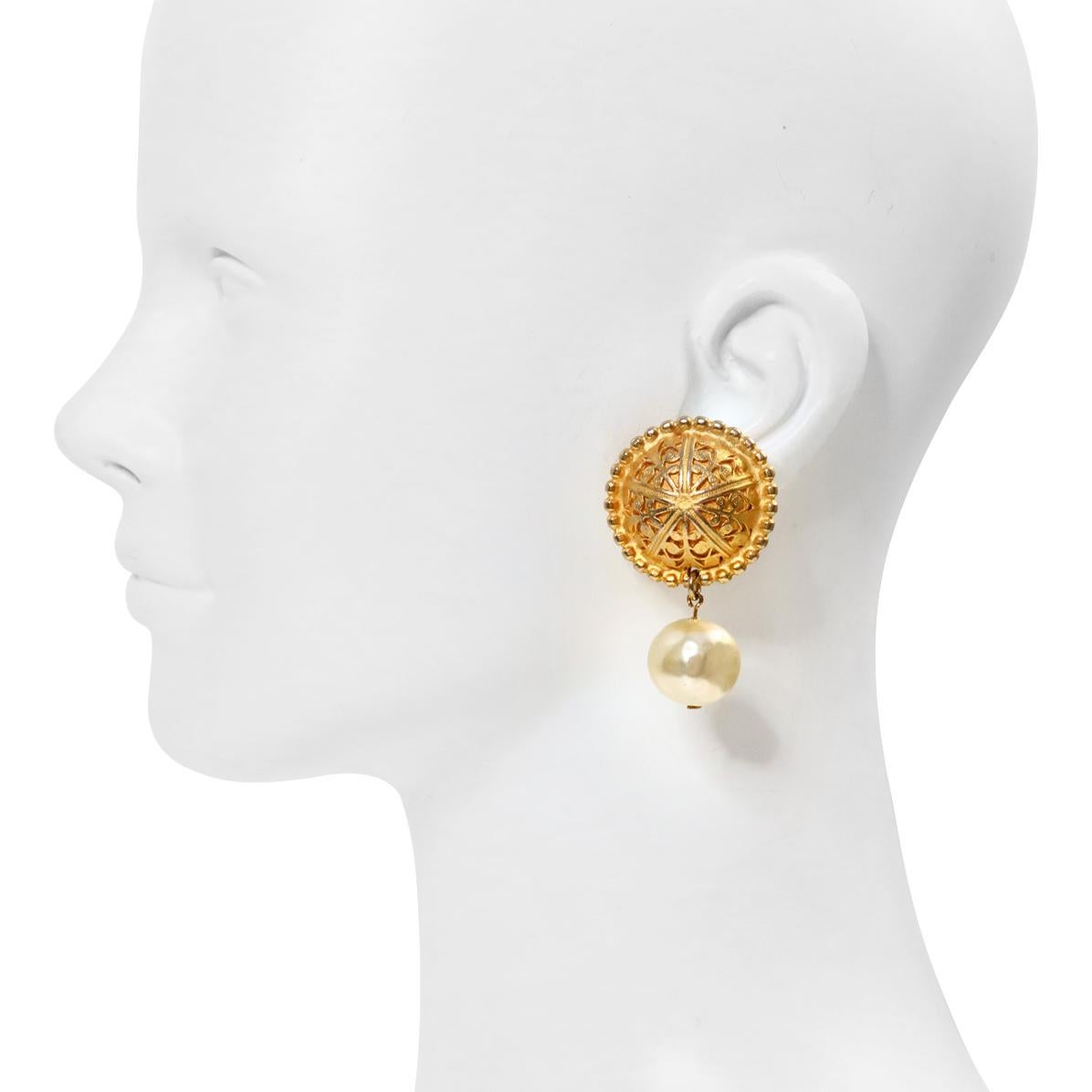 Vintage EP Gold Byzantine with Faux Dangling Pearl Earrings Circa 1980s For Sale 1