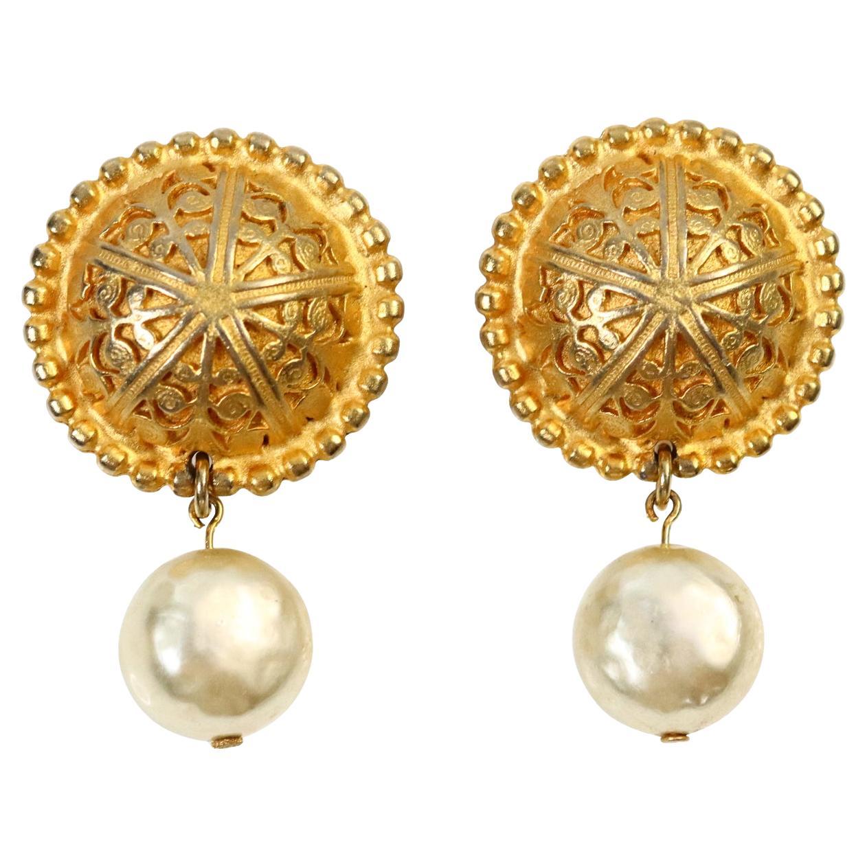 Vintage EP Gold Byzantine with Faux Dangling Pearl Earrings Circa 1980s