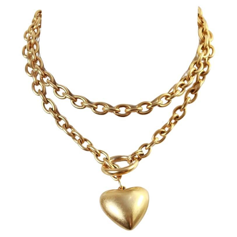 Vintage EP Matte Gold Tone  Link Long Necklace Dangling Heart Circa 1990s