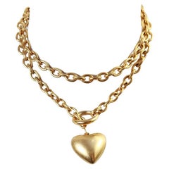 Retro EP Matte Gold Tone  Link Long Necklace Dangling Heart Circa 1990s