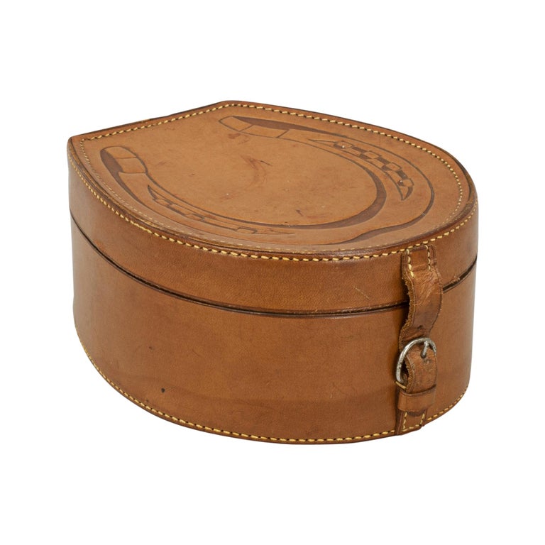 Vintage Equestrian Collar Box, Horseshoe Shape in Tan Leather at