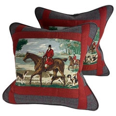 Vintage equestrian cotton and tweed pillows after Ralph Lauren/pair