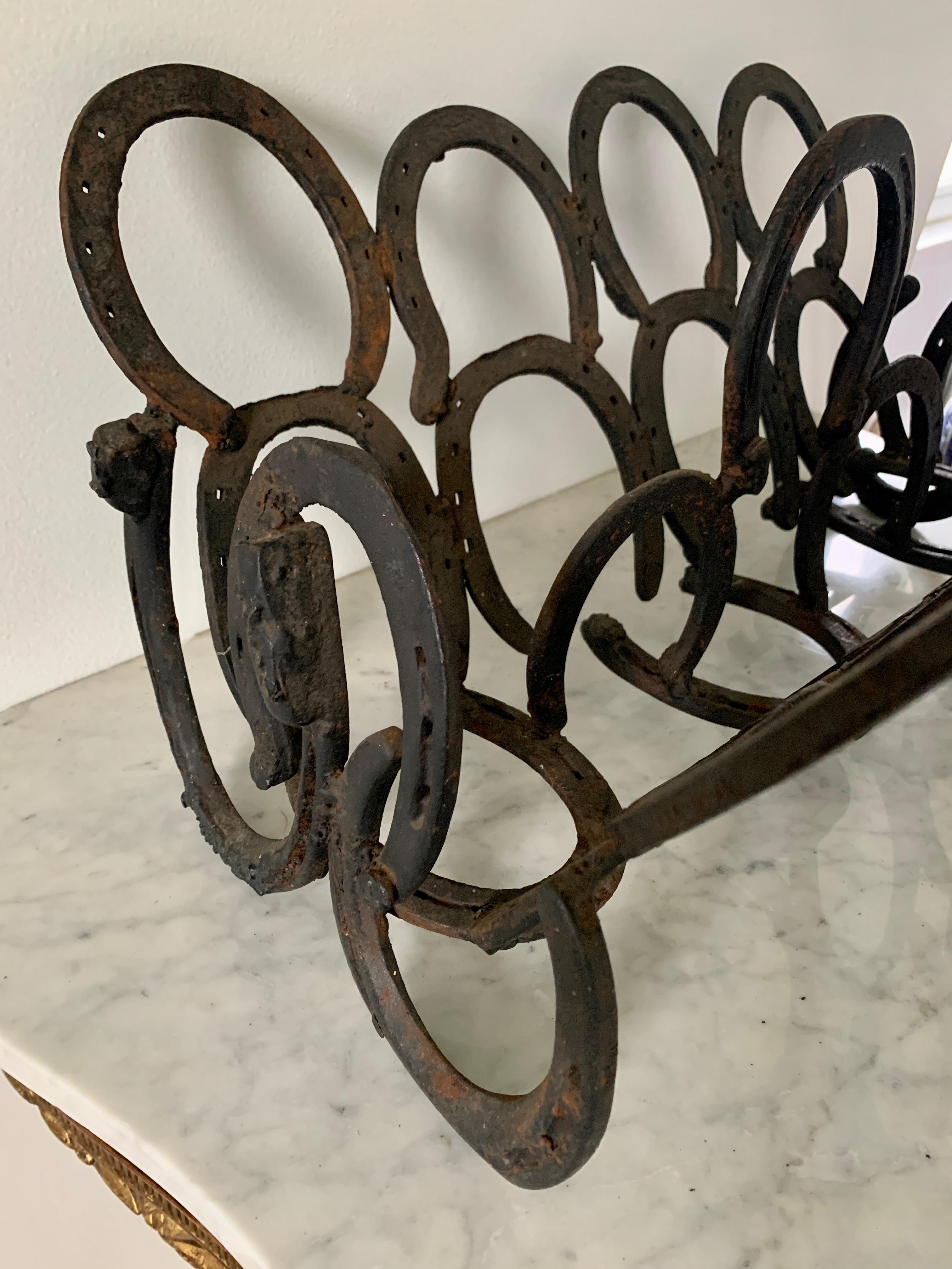 Vintage Equestrian Hand Forged Cast Iron Horseshoe Magazine Rack or Book Stand For Sale 1