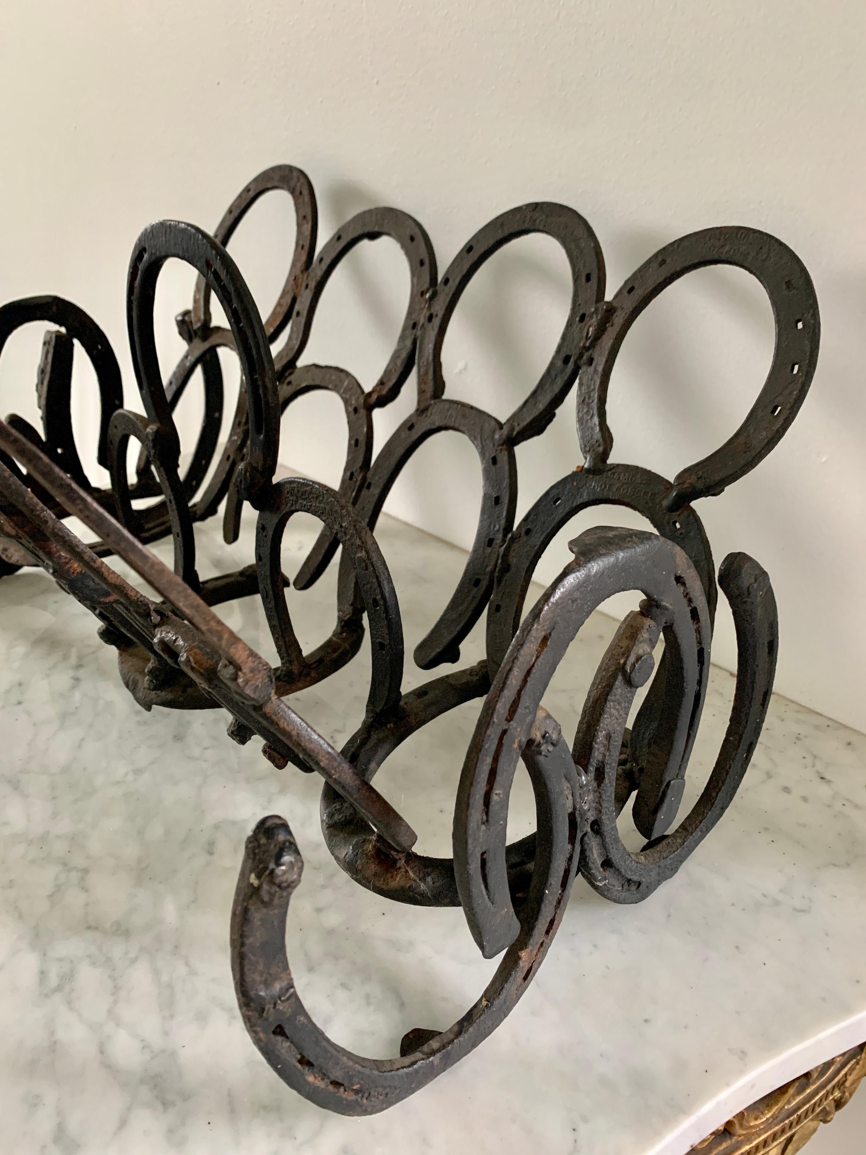 Vintage Equestrian Hand Forged Cast Iron Horseshoe Magazine Rack or Book Stand For Sale 2