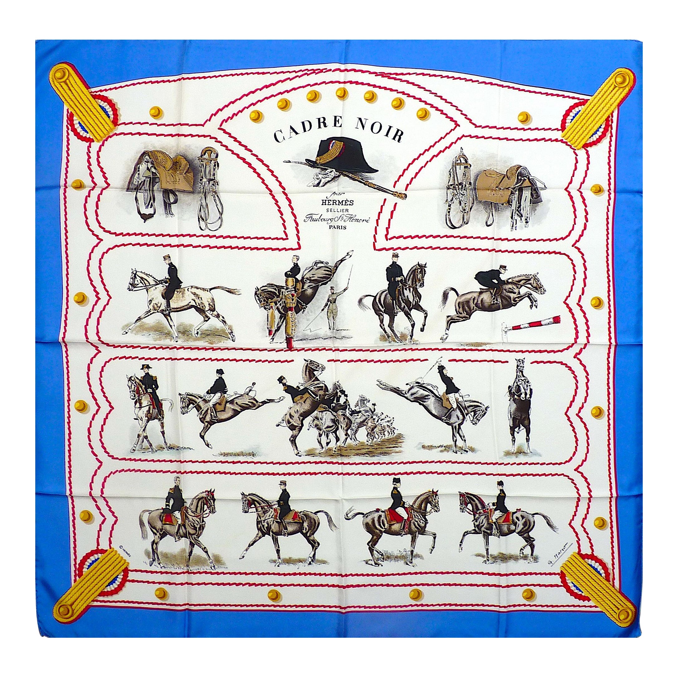 Foulard d'équitation Vintage Hermes 90 cm "Cadre Noir de Saumur" avec boîte