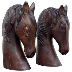 Vintage Equestrian Horse Head Sculptures in Dark Carved Wood - A Pair
