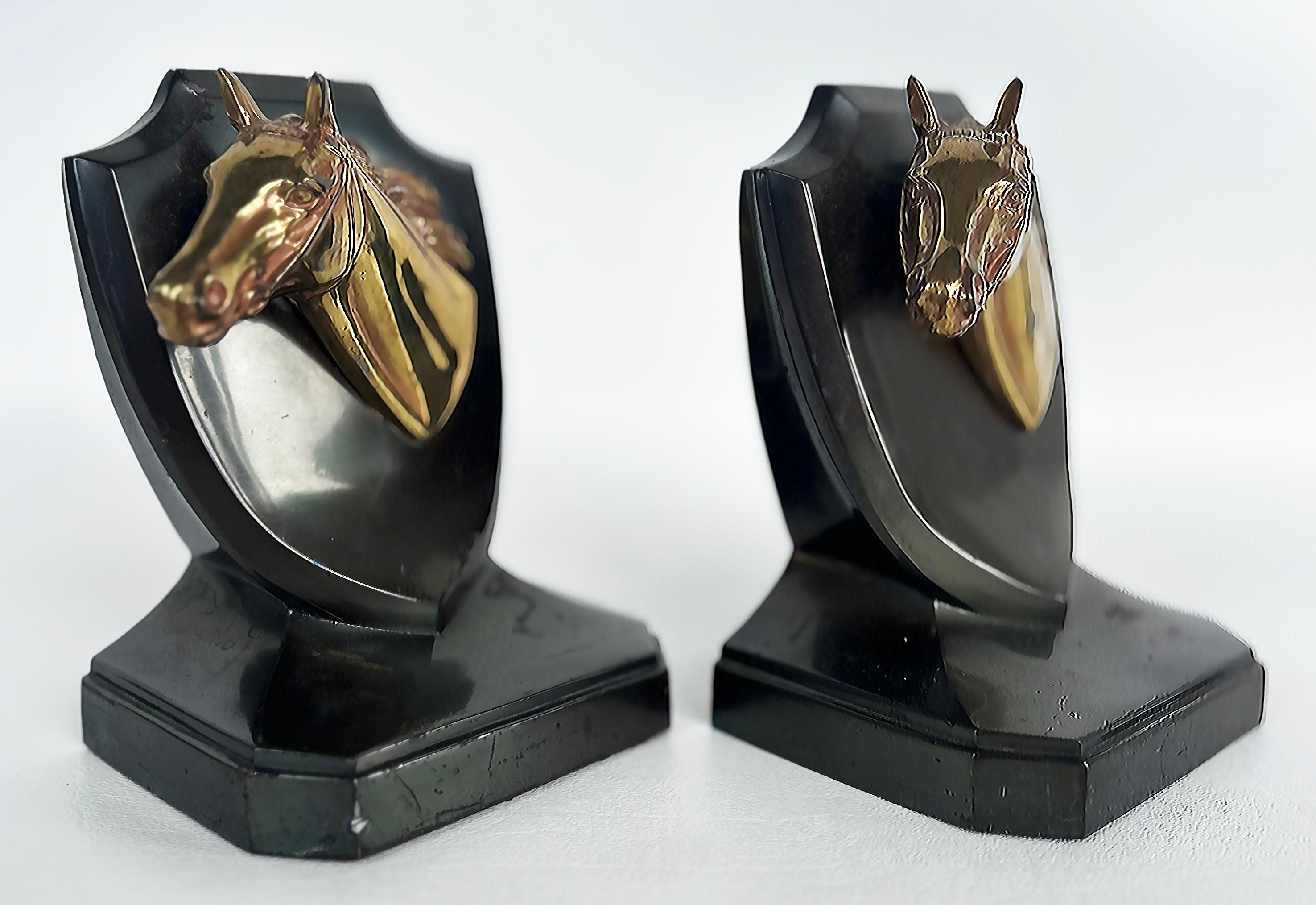American Vintage Equestrian Horse Iron, Brass Trophy Bookends Stamped P.M.C, Pair For Sale