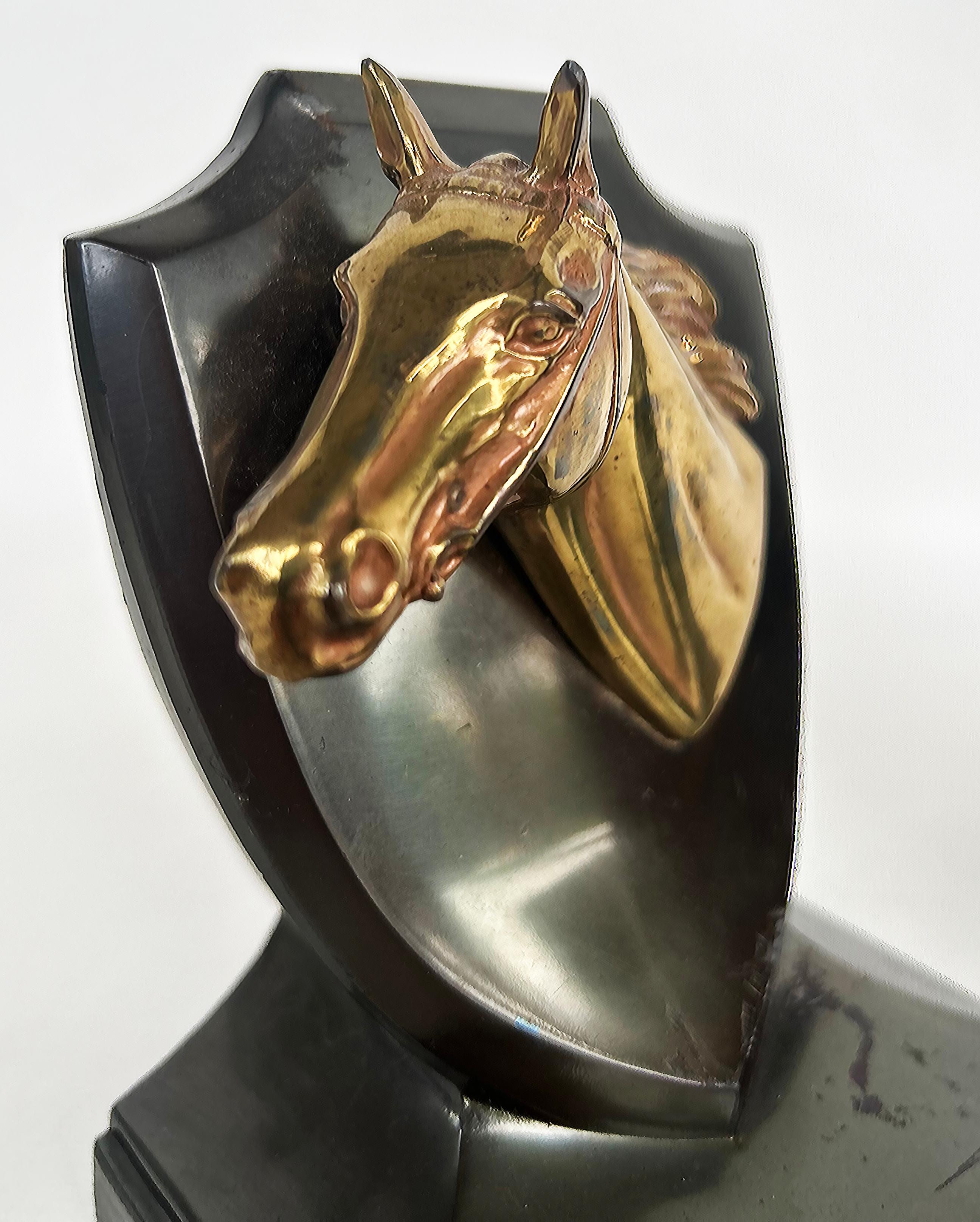 Vintage Equestrian Horse Iron, Brass Trophy Bookends Stamped P.M.C, Pair In Good Condition For Sale In Miami, FL