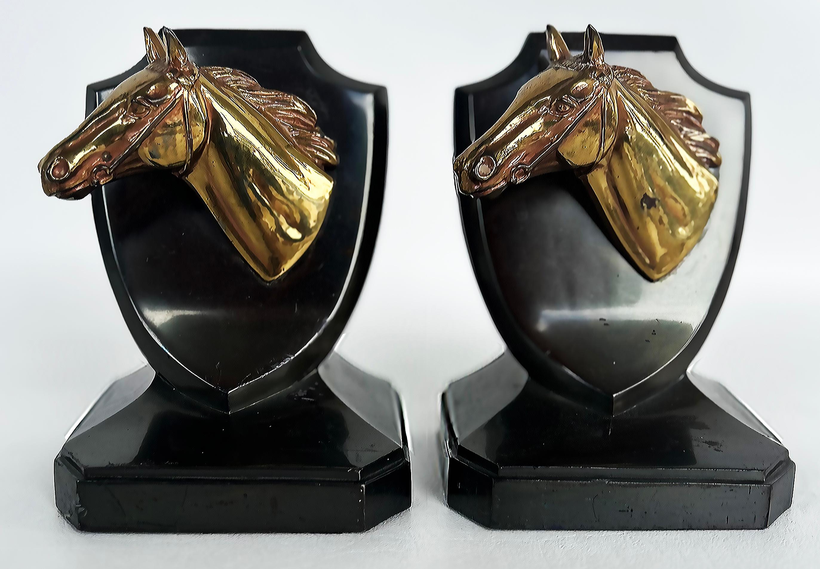 20th Century Vintage Equestrian Horse Iron, Brass Trophy Bookends Stamped P.M.C, Pair For Sale