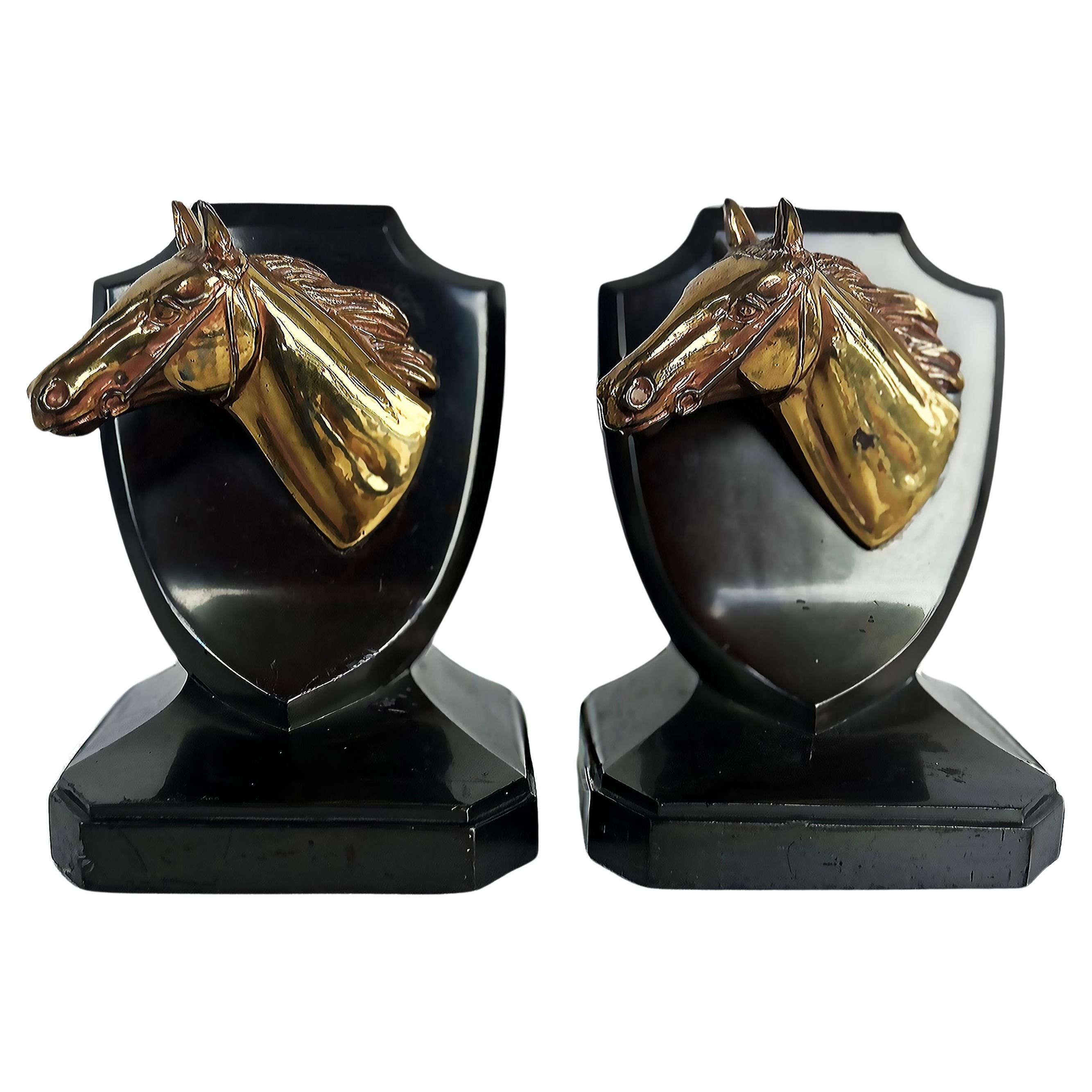 Vintage Equestrian Horse Iron, Brass Trophy Bookends Stamped P.M.C, Pair (Paire)