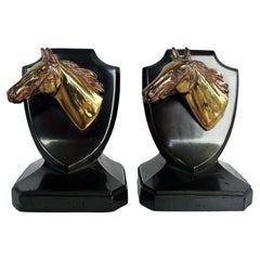 Vintage Equestrian Horse Iron, Brass Trophy Bookends Stamped P.M.C, Pair