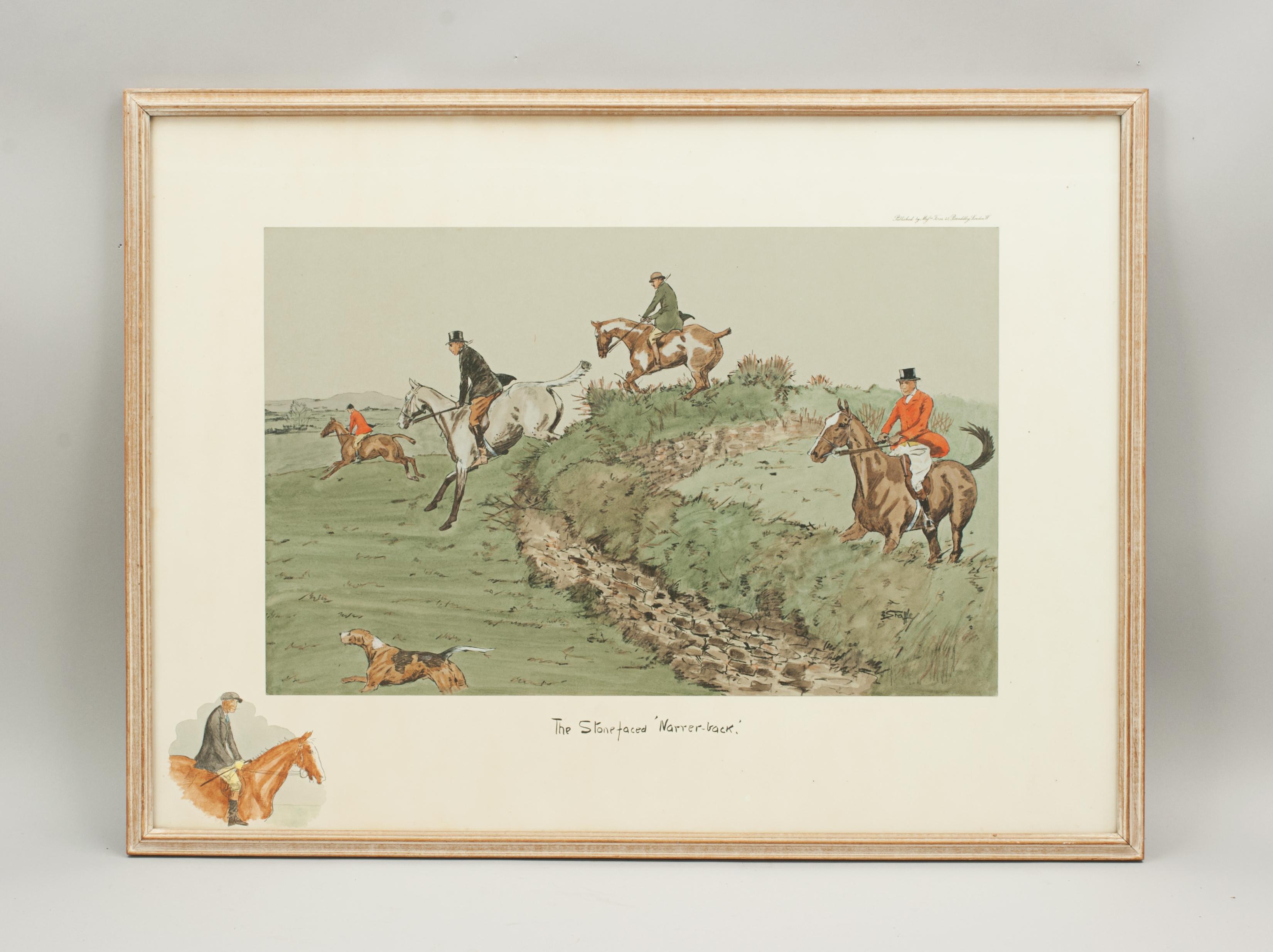 Vintage Charles Johnson Payne Hunting Print, The Stonefaced 'Narrer-back'.
A rare hand coloured Snaffles lithograph entitled The Stonefaced 'Narrer-back'. The image is of two huntsmen about to jump a turf-topped stone wall. Another huntsman can be