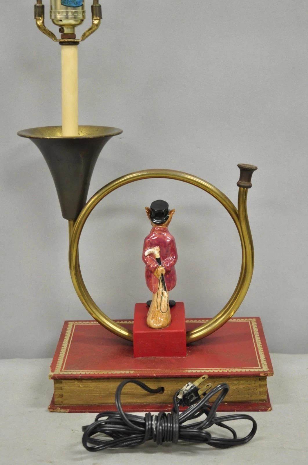 Vintage Equestrian Porcelain Snooty Mr Fox Brass Trumpet on Red Book Table Lamp For Sale 4