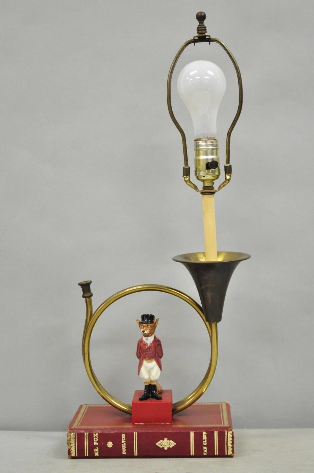 Vintage Equestrian Porcelain Snooty Mr Fox Brass Trumpet on Red Book Table Lamp For Sale 8