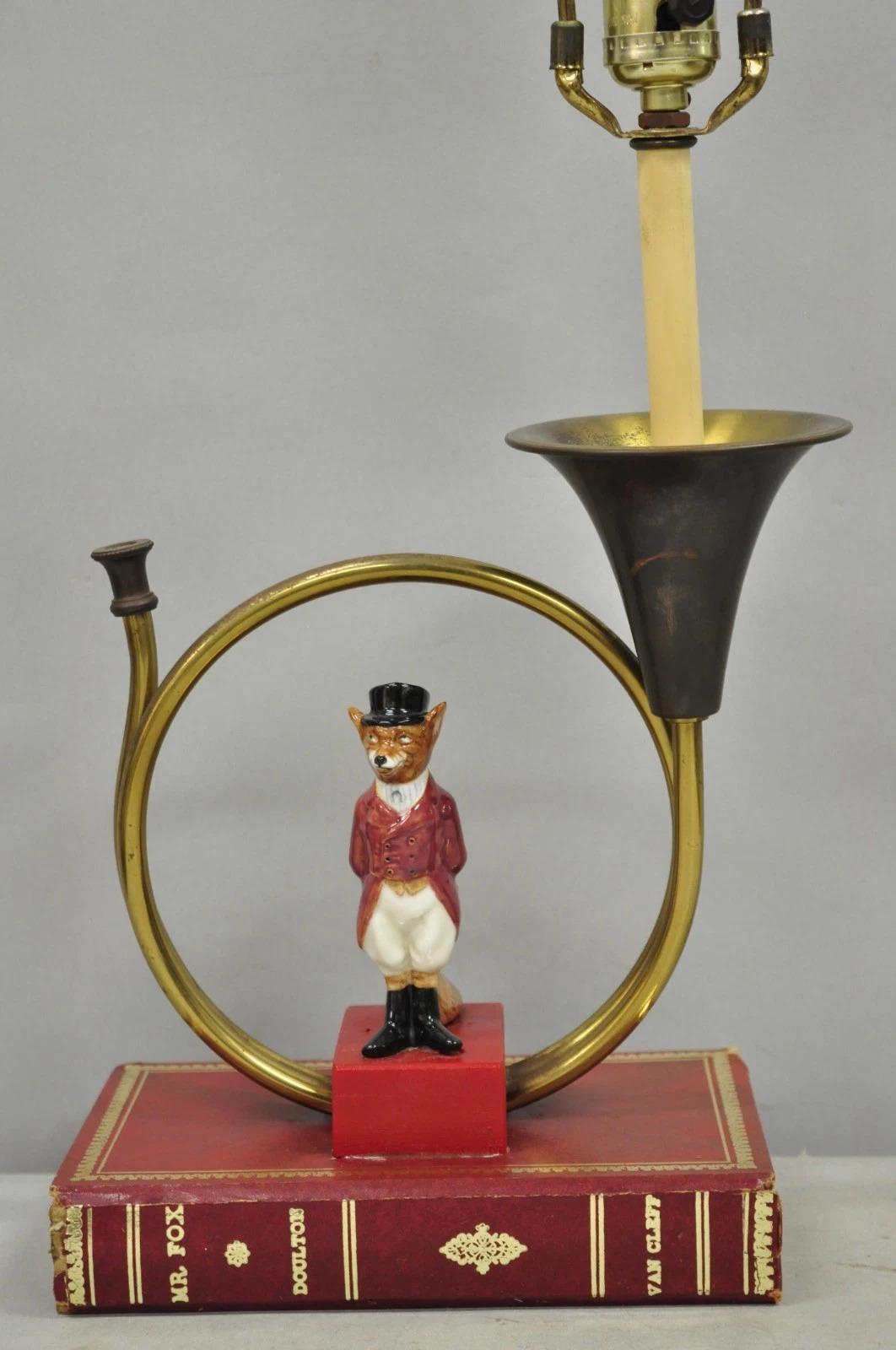 Regency Vintage Equestrian Porcelain Snooty Mr Fox Brass Trumpet on Red Book Table Lamp For Sale