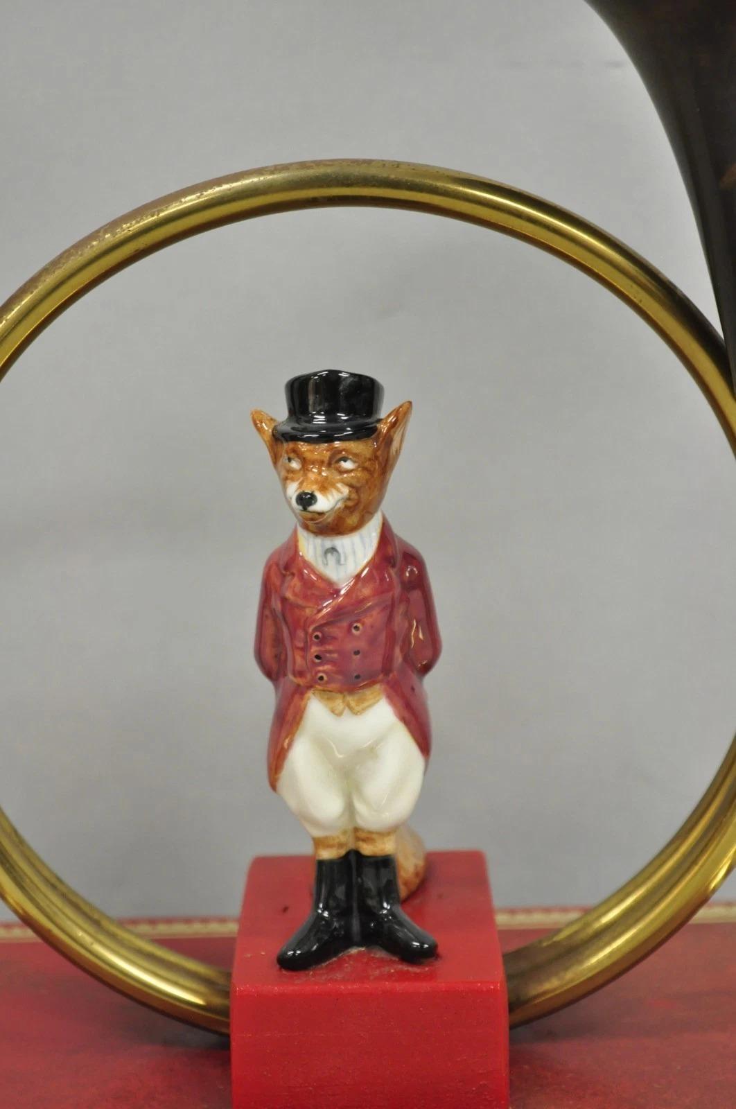Unknown Vintage Equestrian Porcelain Snooty Mr Fox Brass Trumpet on Red Book Table Lamp For Sale