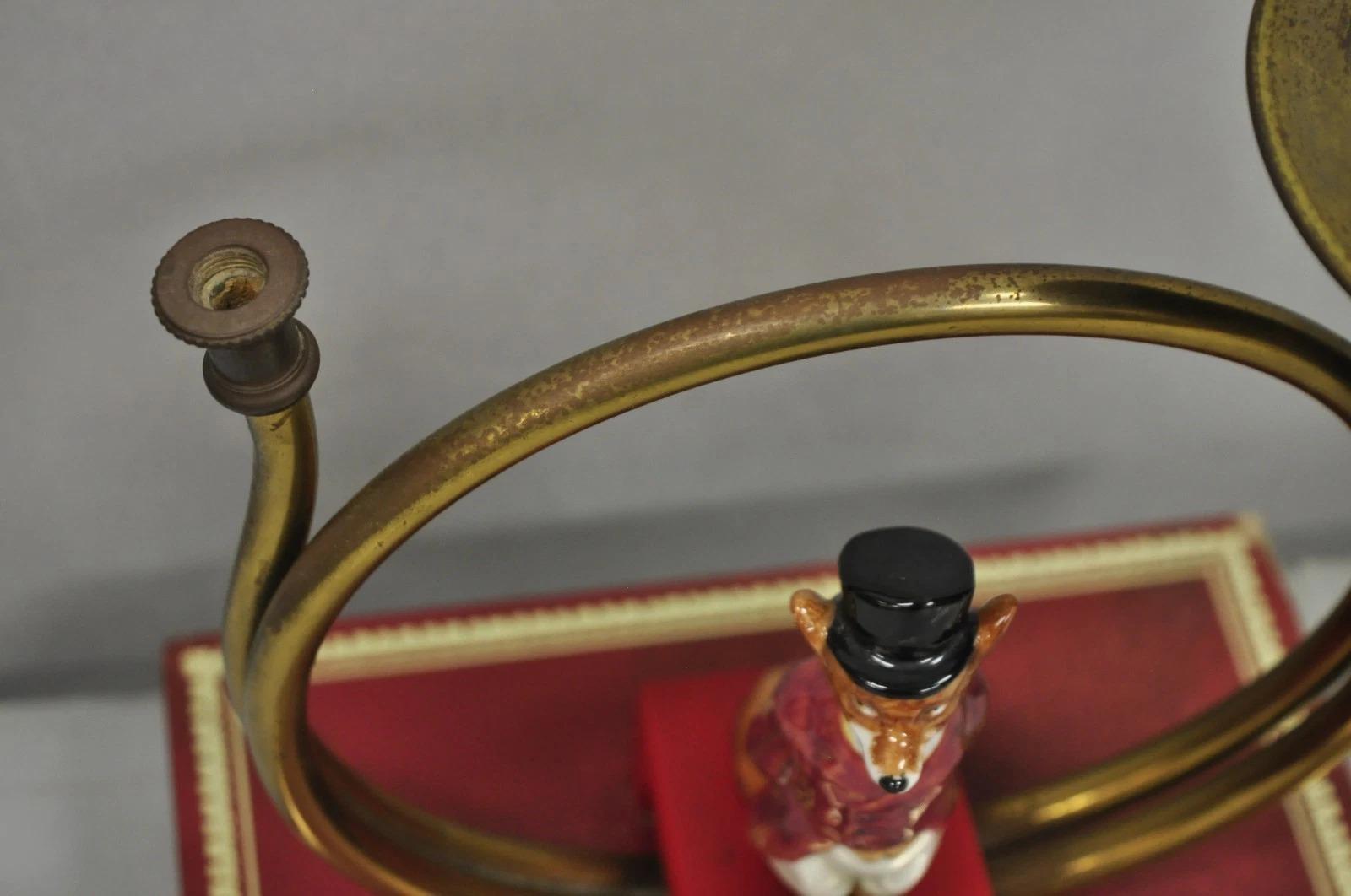 Vintage Equestrian Porcelain Snooty Mr Fox Brass Trumpet on Red Book Table Lamp For Sale 2