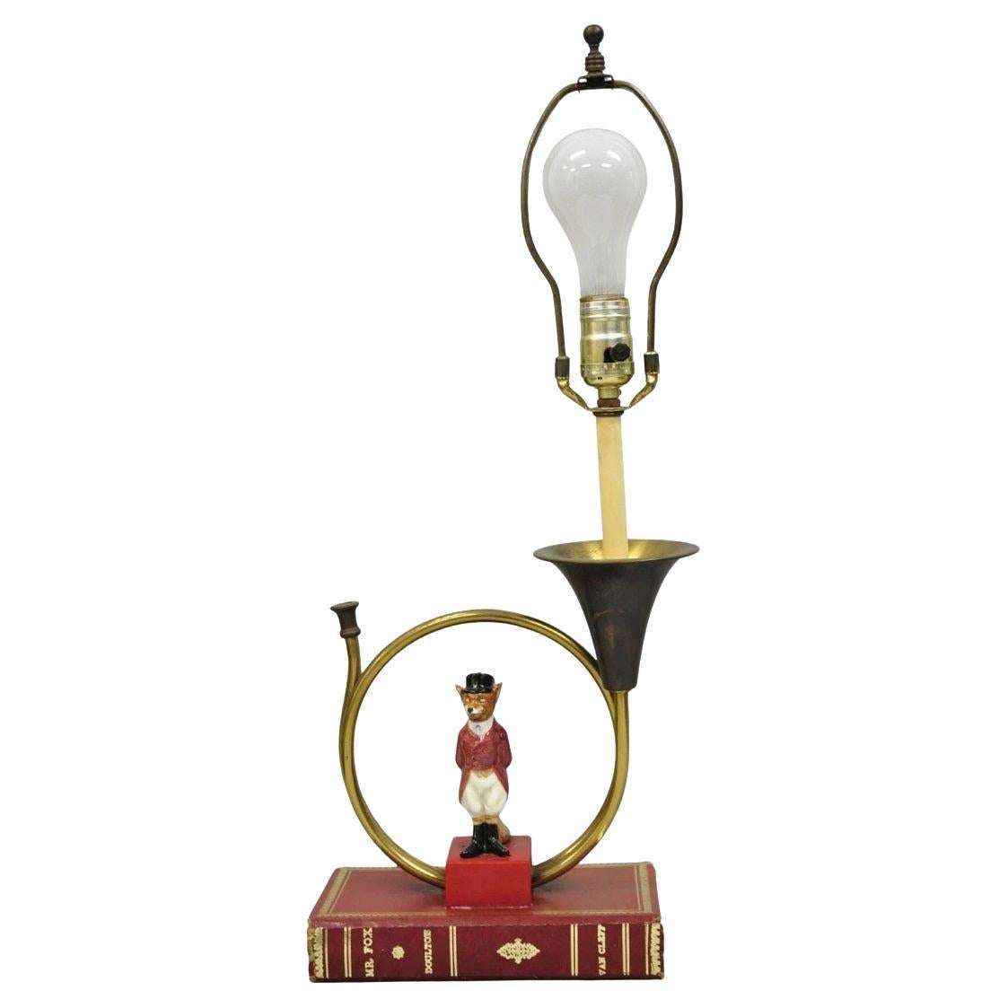 Vintage Equestrian Porcelain Snooty Mr Fox Brass Trumpet on Red Book Table Lamp For Sale