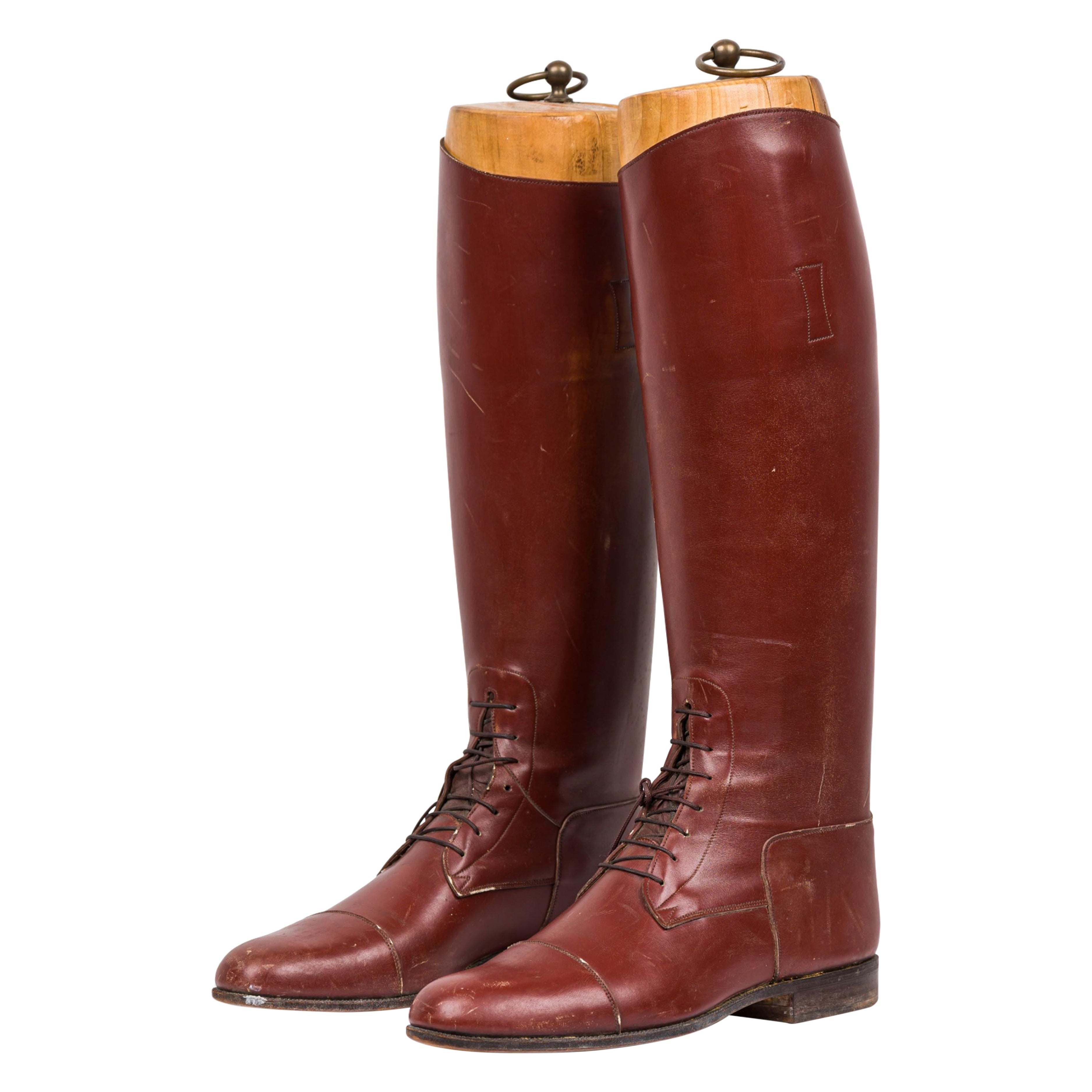 Vintage Equestrian Riding Boots with Wooden Stretcher Trees