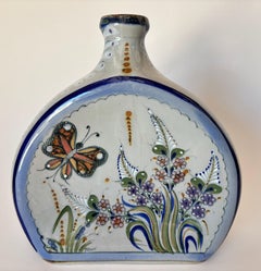 Vintage Erandi Tonalá Pottery Flask Vase, Hand-Painted, Signed, Circa 1970s