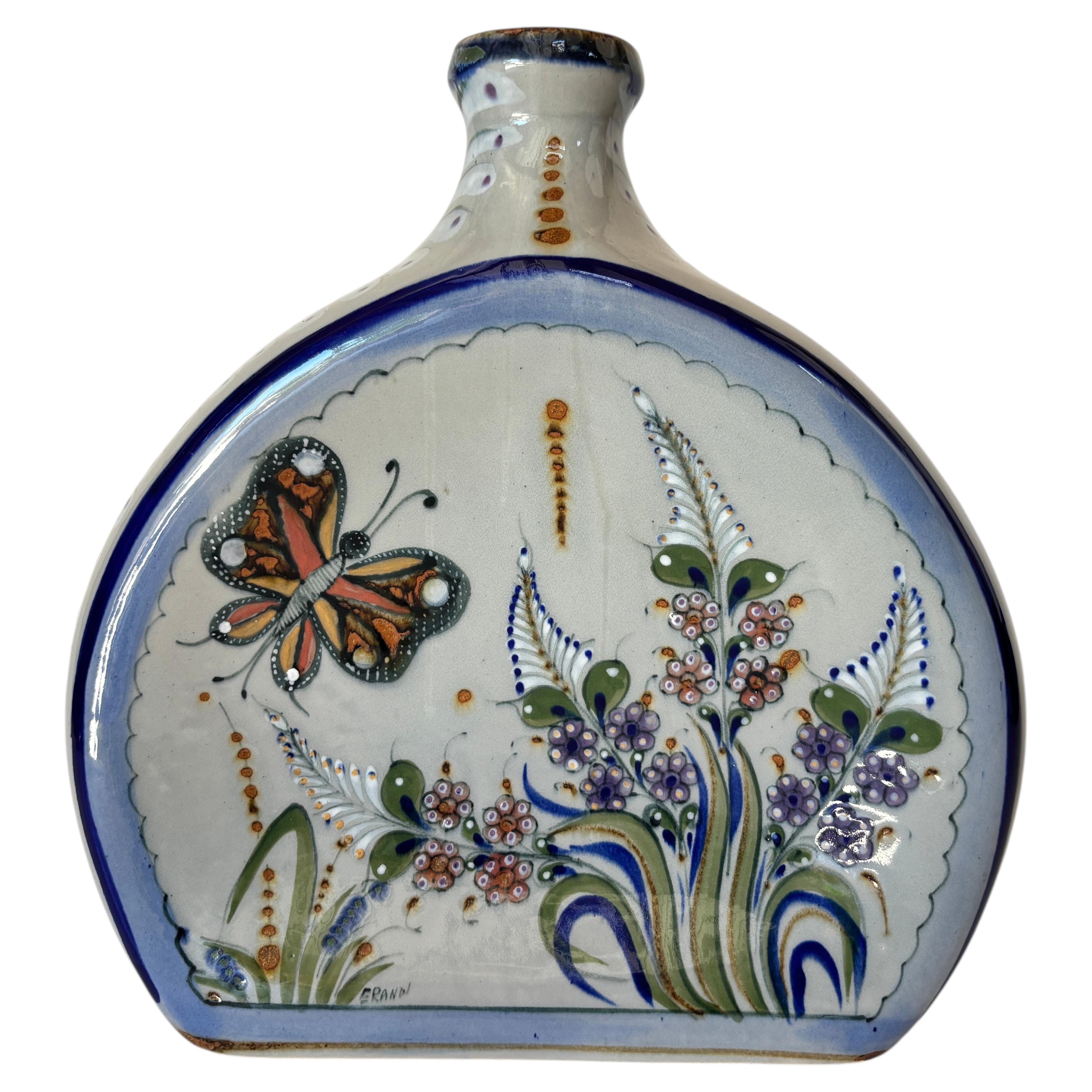 Vintage Erandi Tonalá Pottery Flask Vase, Hand-Painted, Signed, Circa 1970s