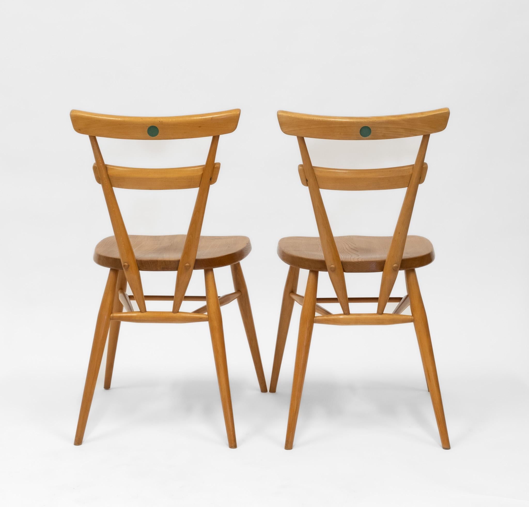 English Vintage Ercol Green Spot Stacking Set Of Two Dining Chairs 1950s For Sale