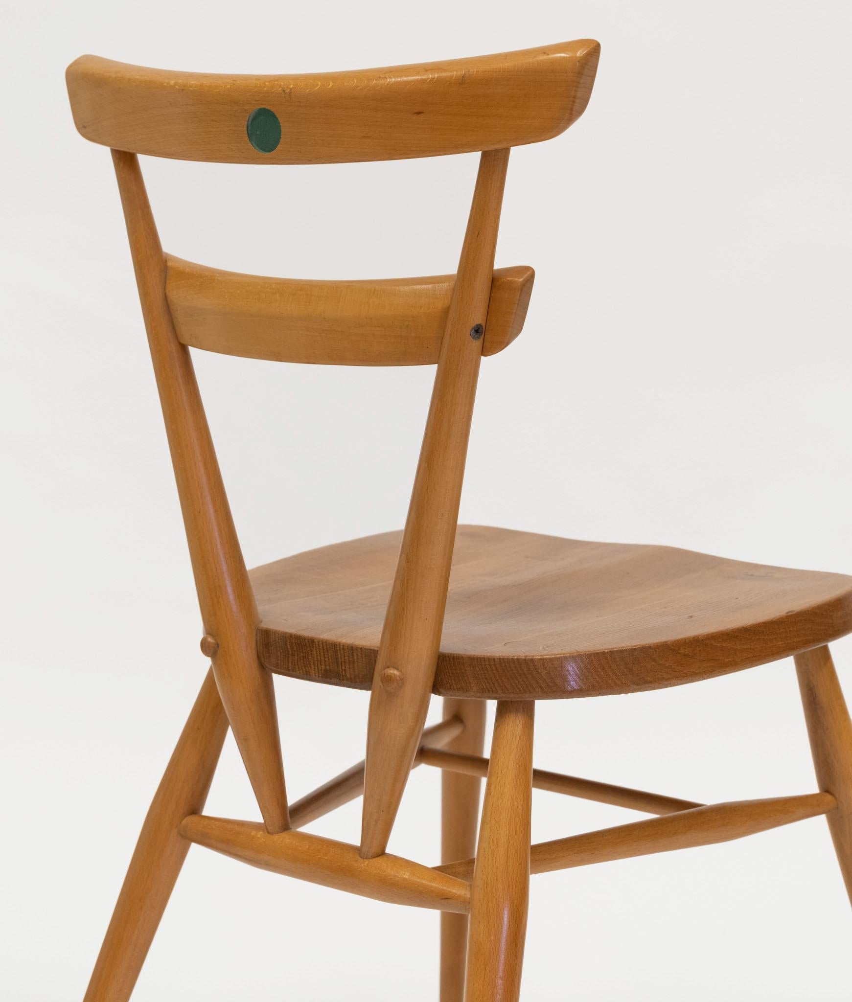 20th Century Vintage Ercol Green Spot Stacking Set Of Two Dining Chairs 1950s For Sale