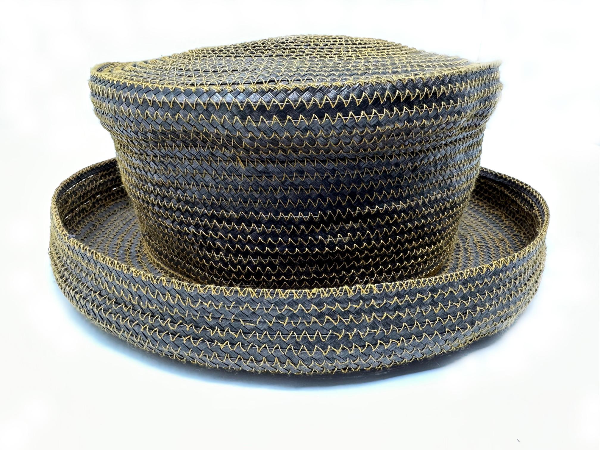Gray Vintage Eric Javits Brown, Round Brimmed Straw Hat  For Sale
