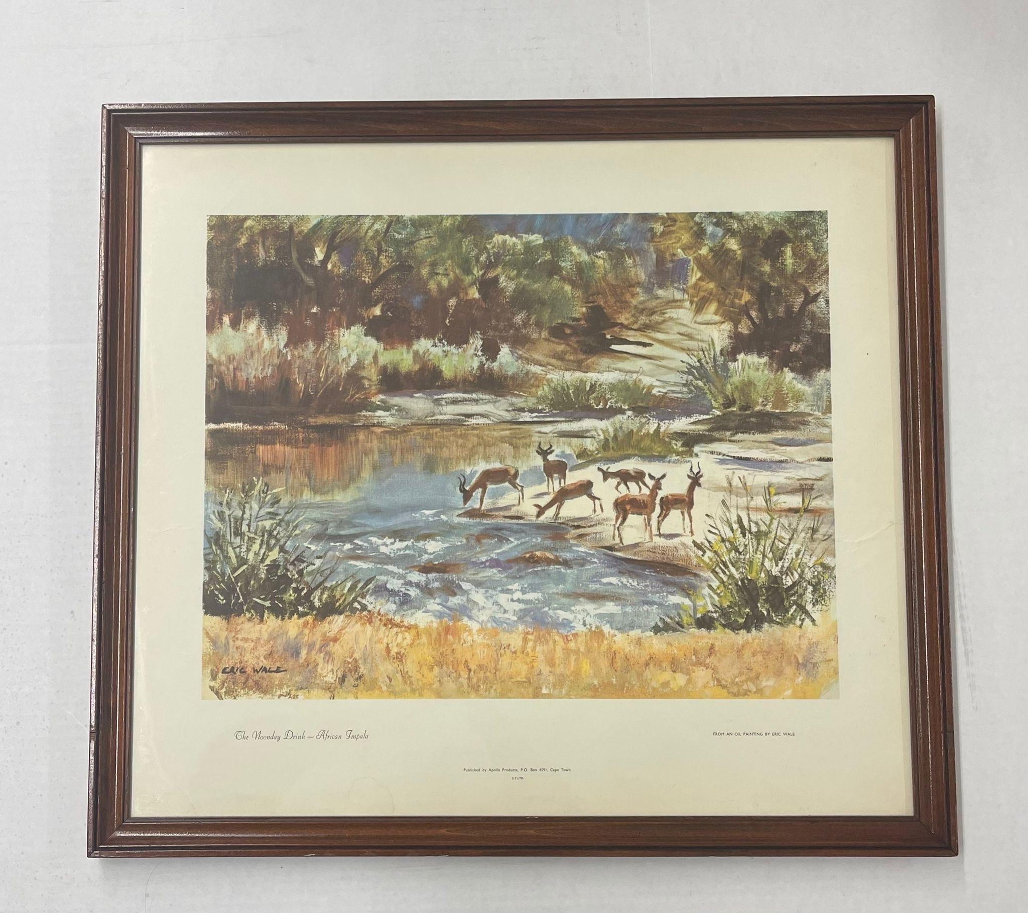 Vintage Framed print of African Landscape.?Text in the lower area of the print states that it was from oil painting by Eric Wale. Vintage Condition Consistent with Age.

Dimensions. 20 W ; 1/2 D ; 18 H