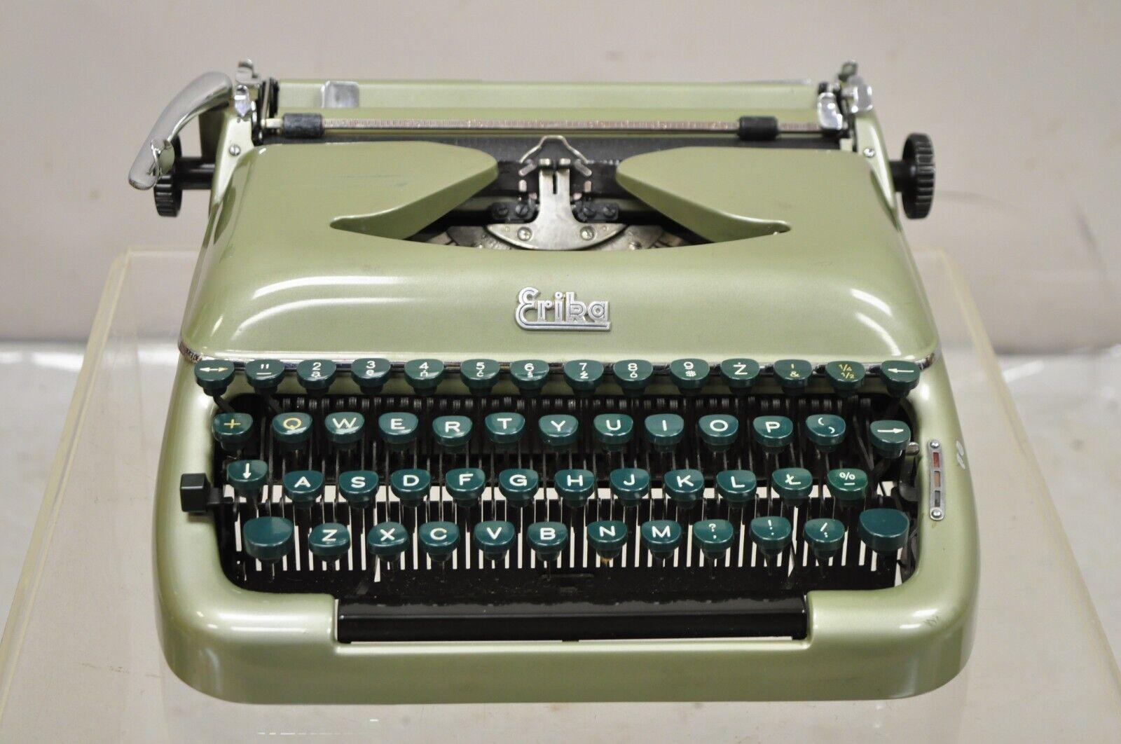 Vintage Erika Model 10 Germany Pearl Green Manual Portable Typewriter in Case. Circa Early 20th Century. Measurements: 6.5